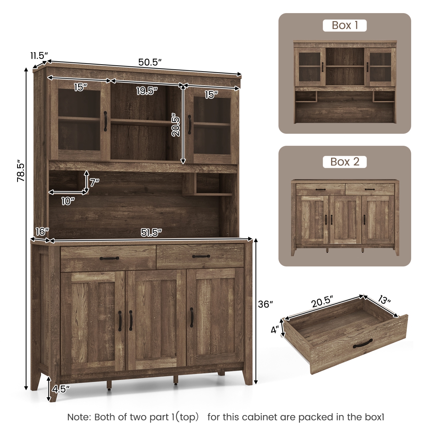 Costway Kitchen Pantry Cabinet with Microwave Countertop Double Glass Doors 2 Drawers