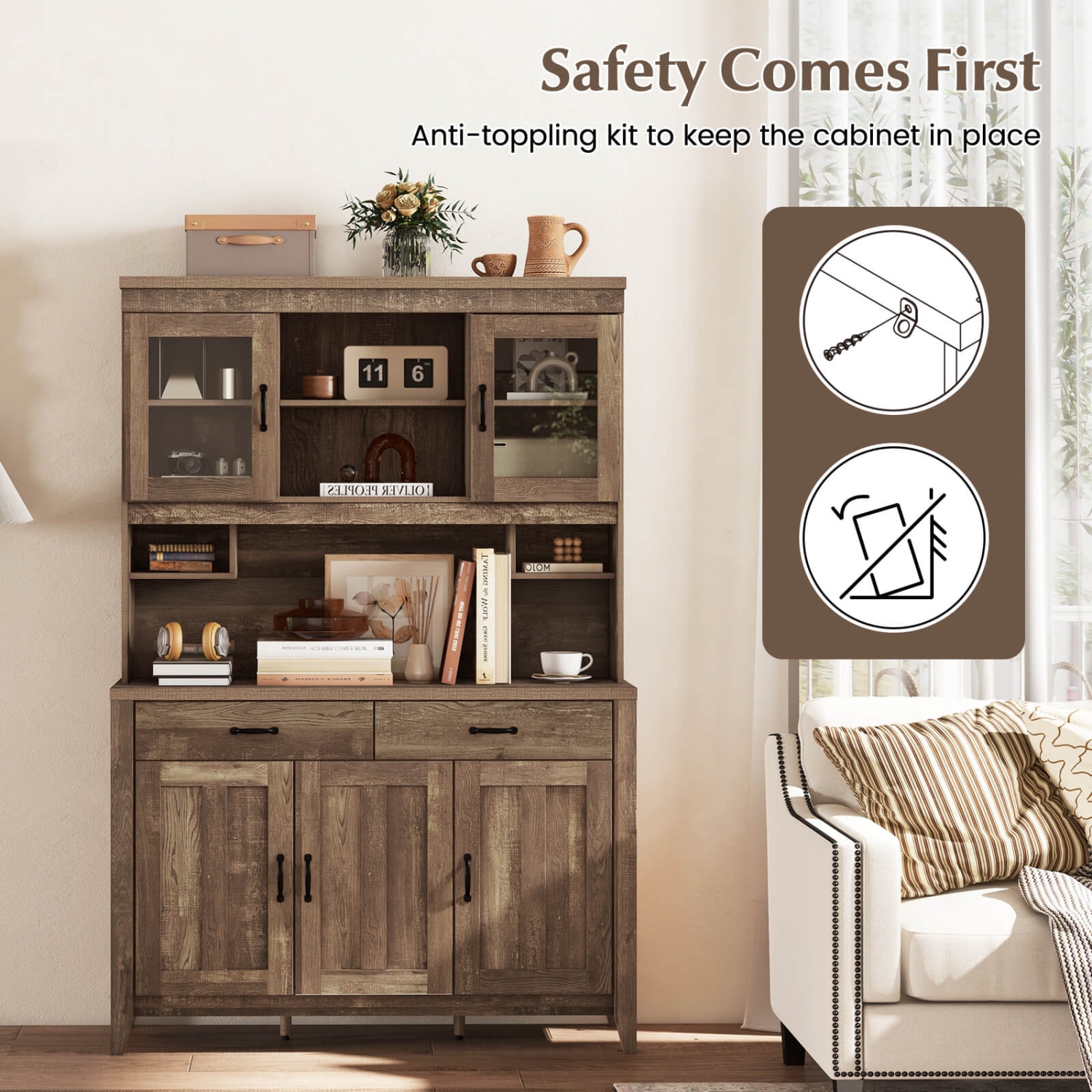 Costway Kitchen Pantry Cabinet with Microwave Countertop Double Glass Doors 2 Drawers