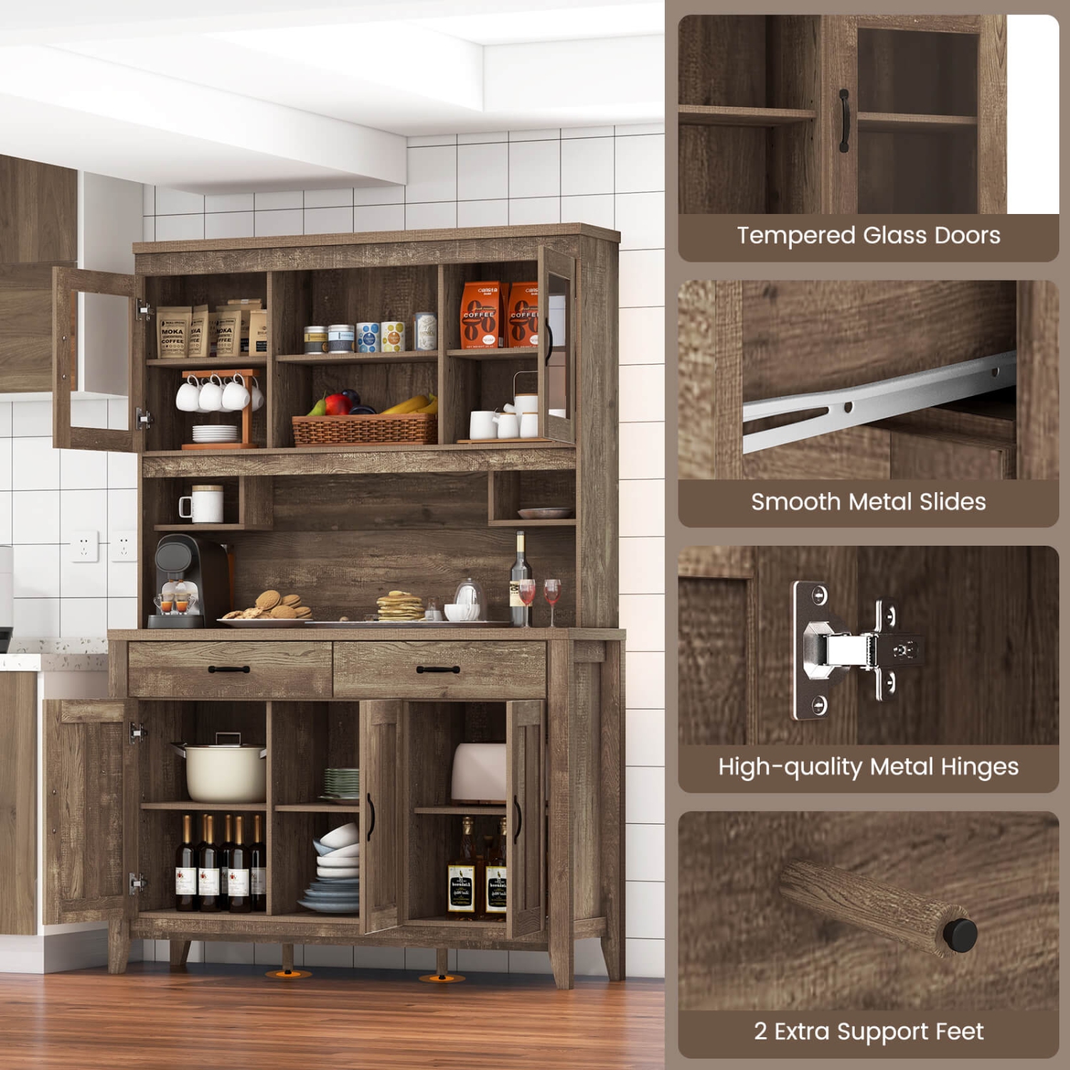 Costway Kitchen Pantry Cabinet with Microwave Countertop Double Glass Doors 2 Drawers