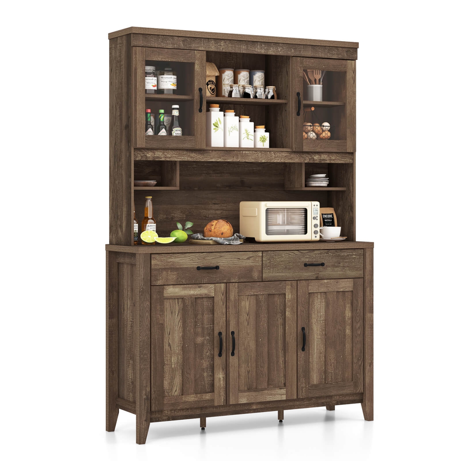 Costway Kitchen Pantry Cabinet with Microwave Countertop Double Glass Doors 2 Drawers