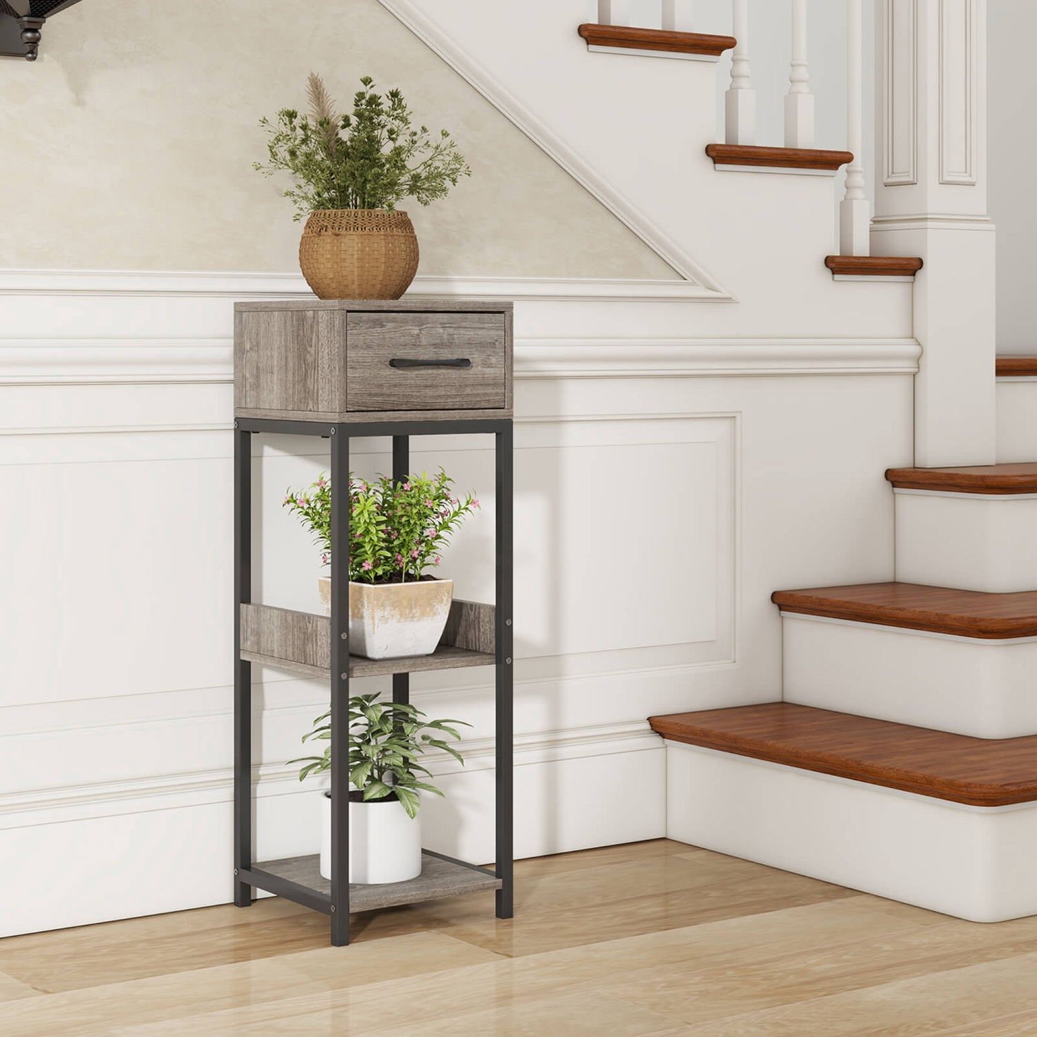 Costway 1 Pack 3 Tier Indoor Tall Plant Stand with Drawer Anti-tipping Devices Display Shelf