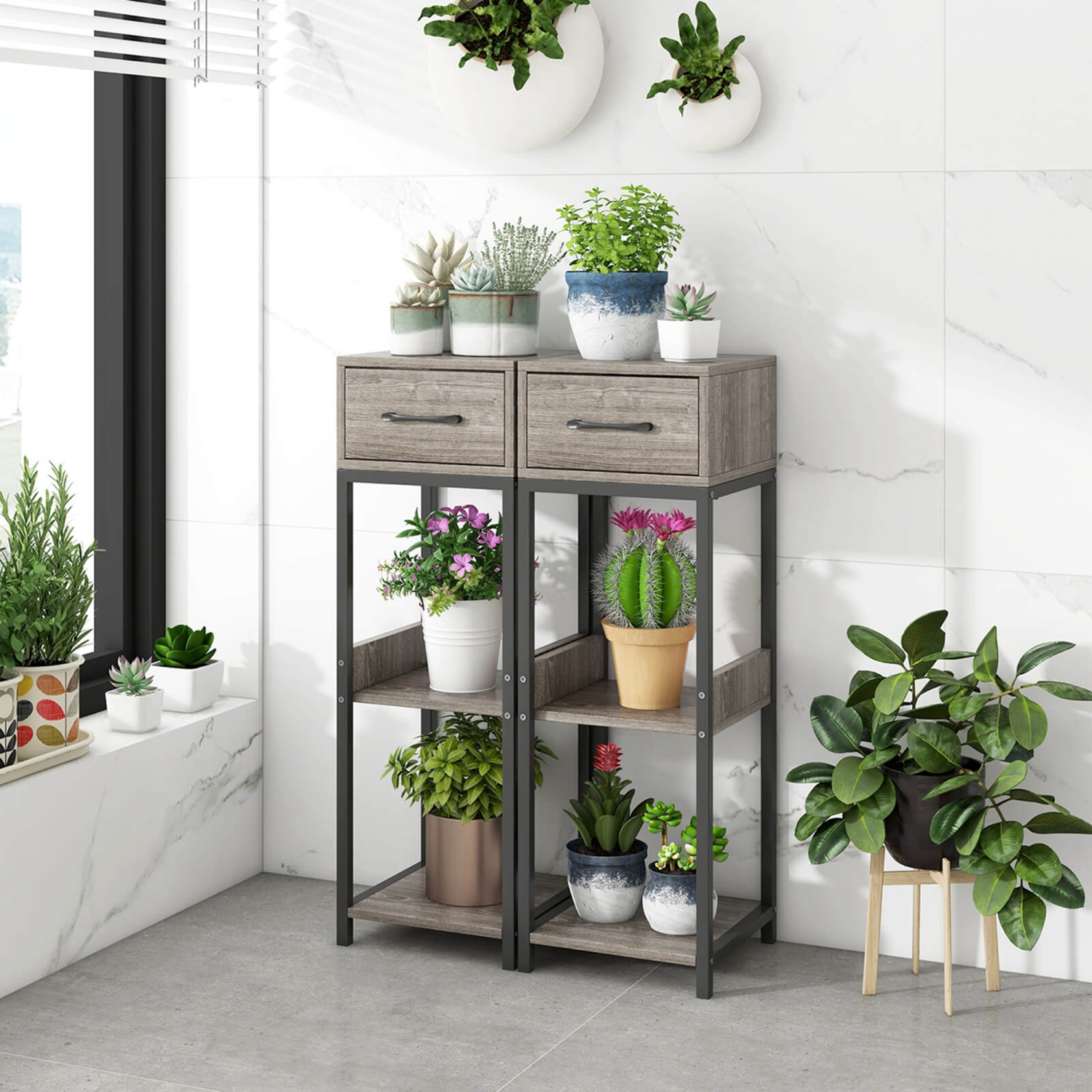 Costway 1 Pack 3 Tier Indoor Tall Plant Stand with Drawer Anti-tipping Devices Display Shelf