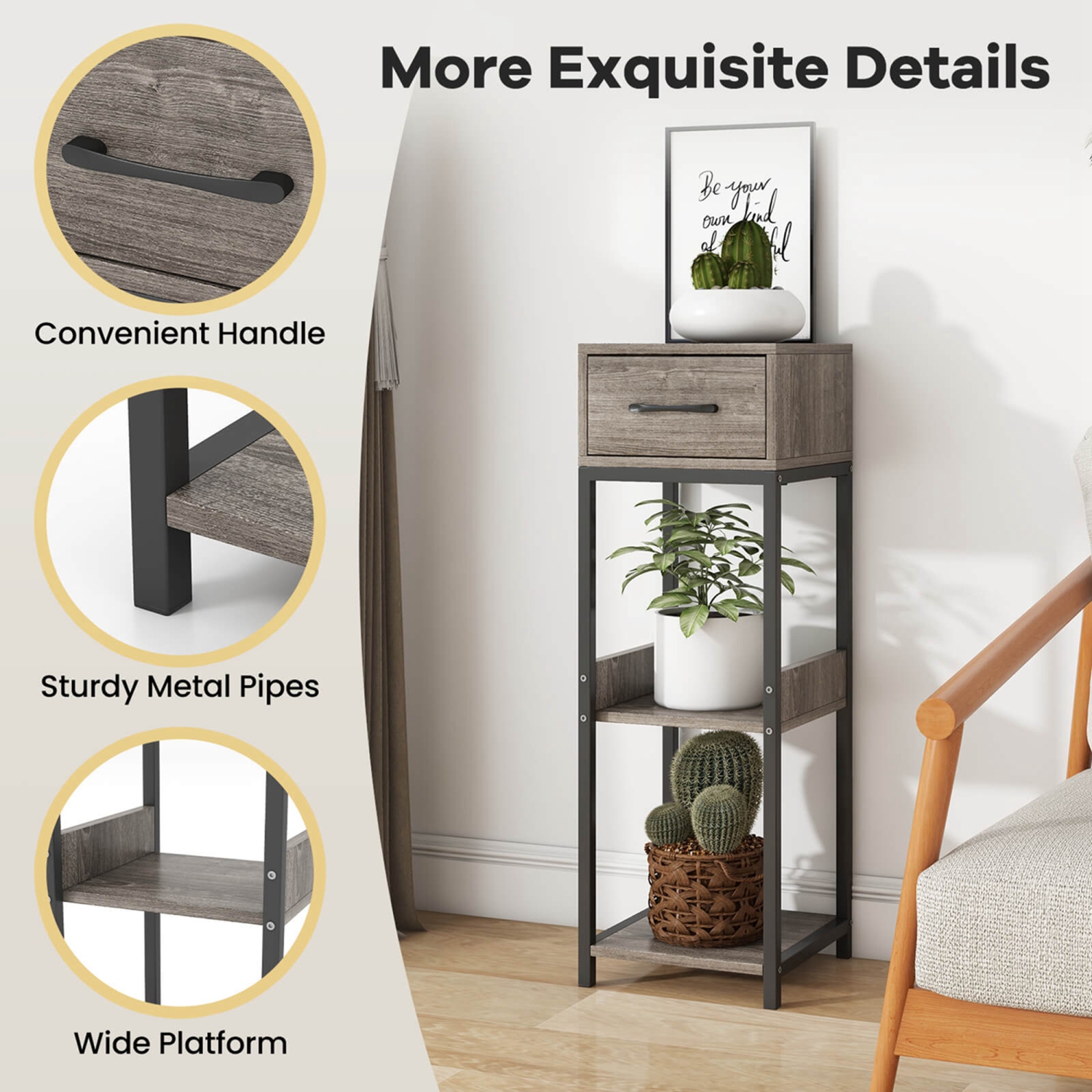 Costway 1 Pack 3 Tier Indoor Tall Plant Stand with Drawer Anti-tipping Devices Display Shelf