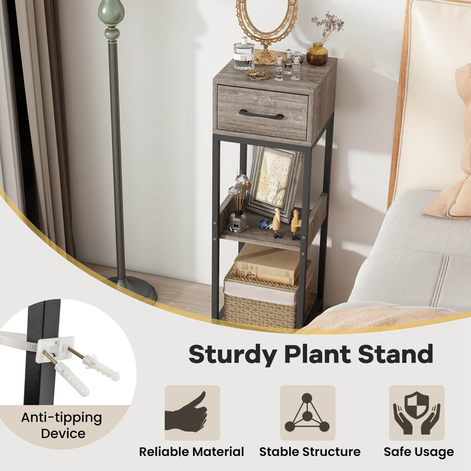 Costway 2 Pack 3 Tier Indoor Tall Plant Stand with Drawer Anti-tipping Devices Display Shelf