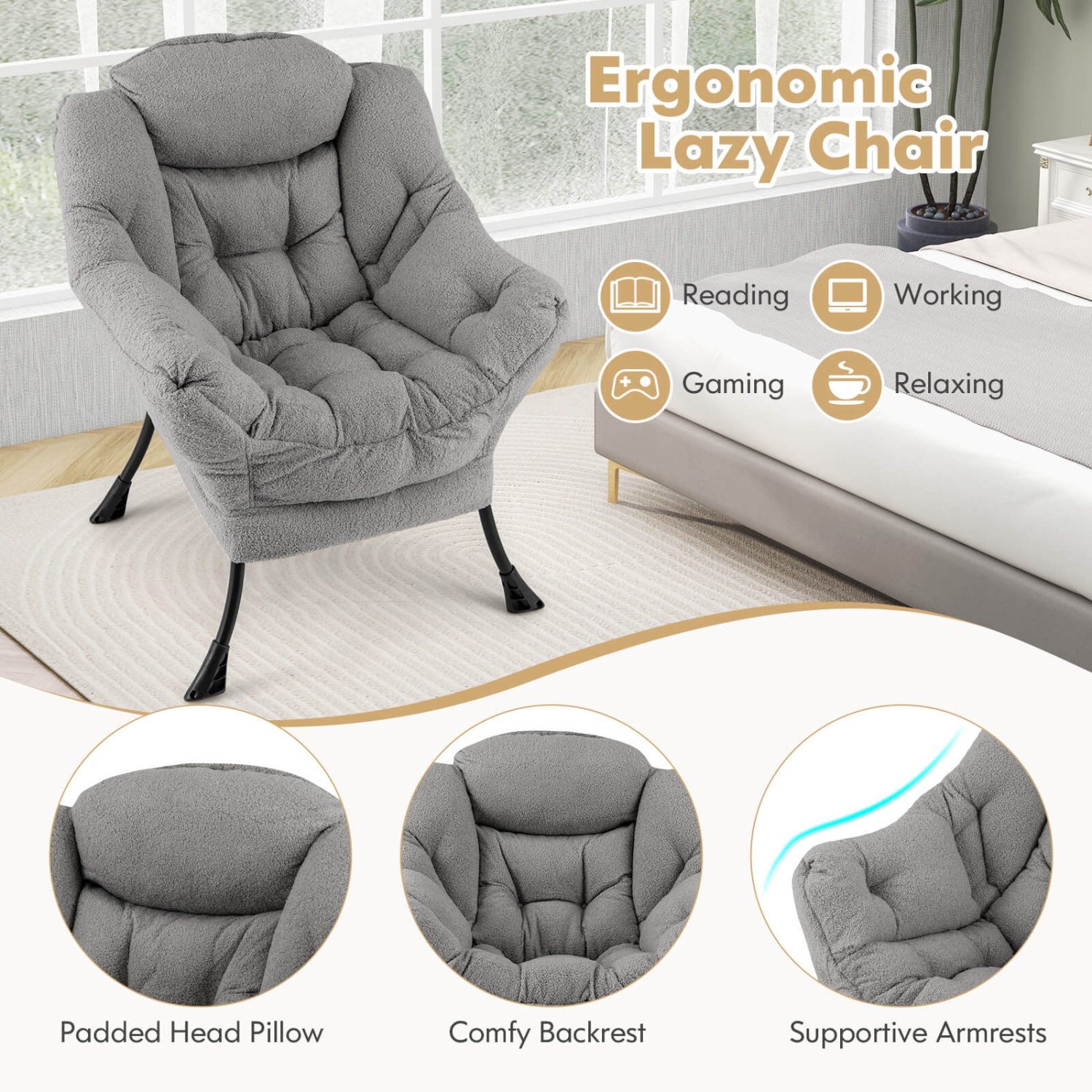 Chaise Lazy de Costway grande avec coussin de tête confortable, dossier capitonné élégant et accoudoirs de siège