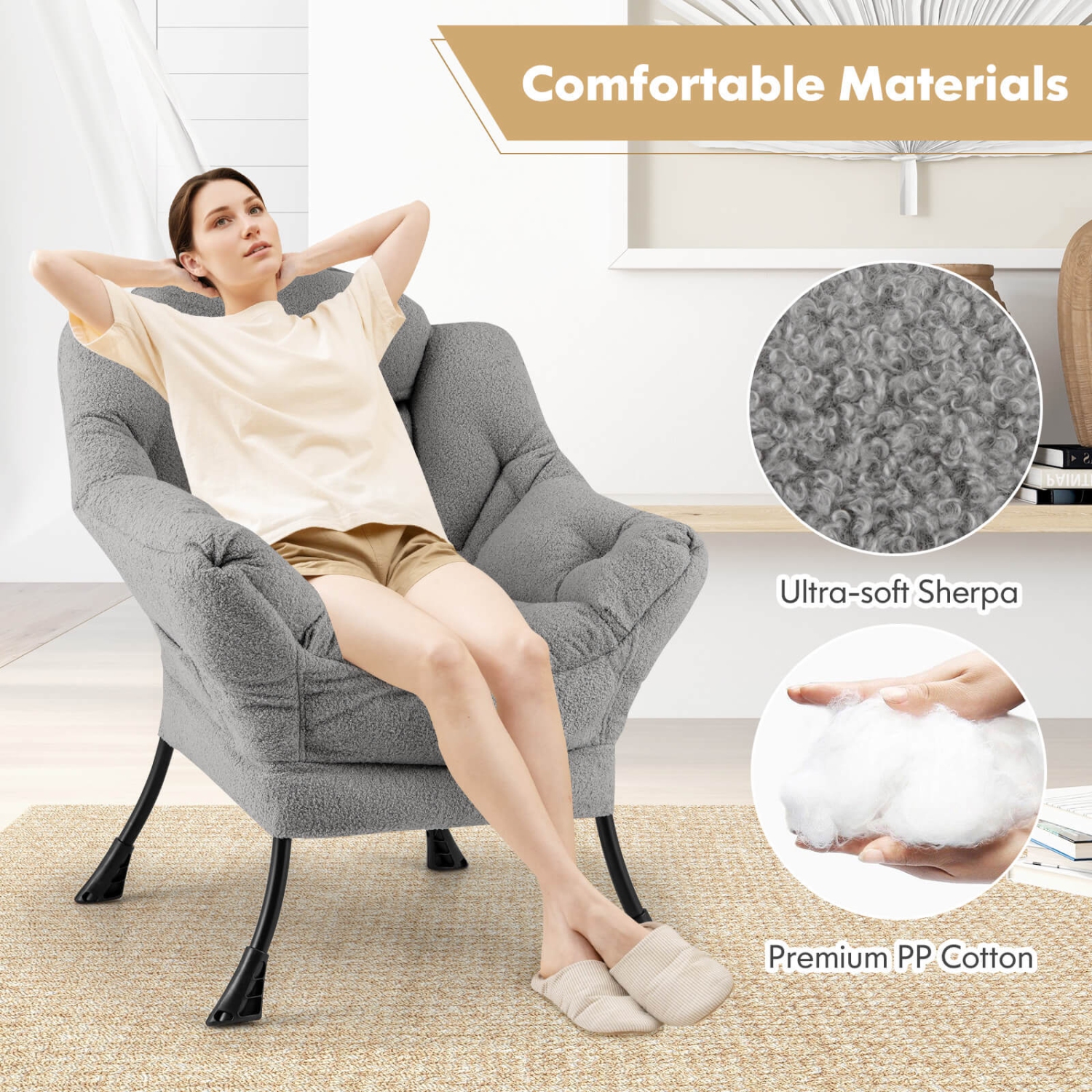 Chaise Lazy de Costway grande avec coussin de tête confortable, dossier capitonné élégant et accoudoirs de siège