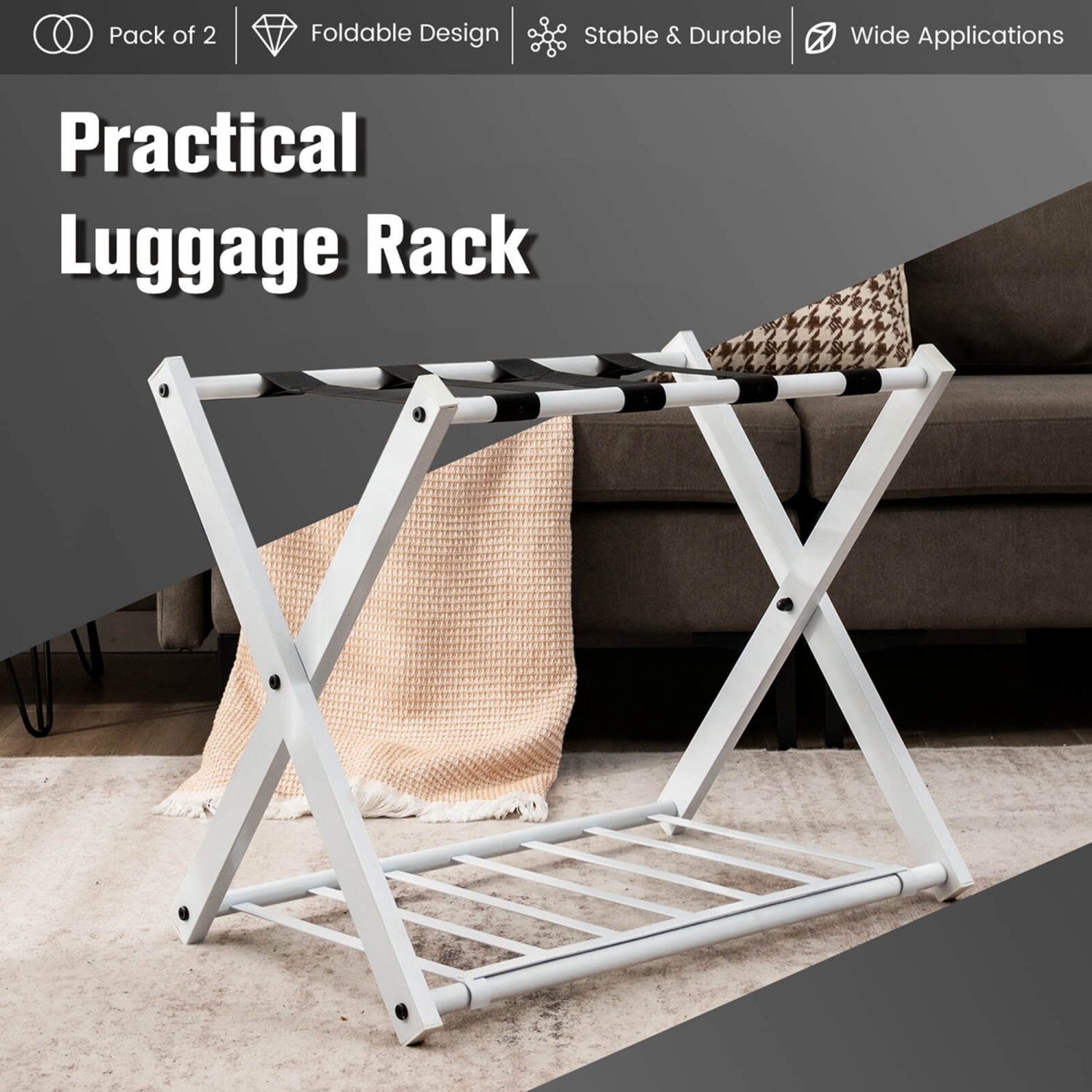 Costway Set of 2 Folding Metal Luggage Rack Suitcase Shoe Holder Hotel ...