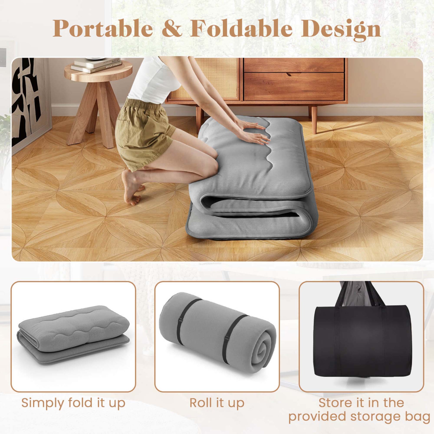 Costway Twin Futon Mattress Japanese Floor Sleeping Pad Washable Cover Carry Bag Grey