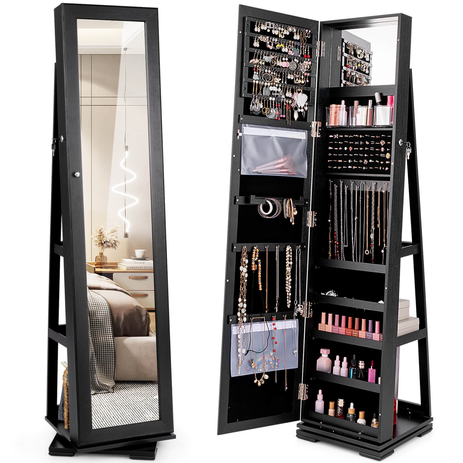 Costway 360degree Rotatable Jewelry Cabinet 2-in-1 Lockable Mirrored Organizer