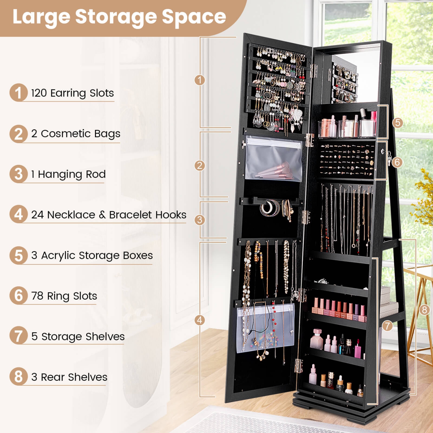 Costway 360degree Rotatable Jewelry Cabinet 2-in-1 Lockable Mirrored Organizer