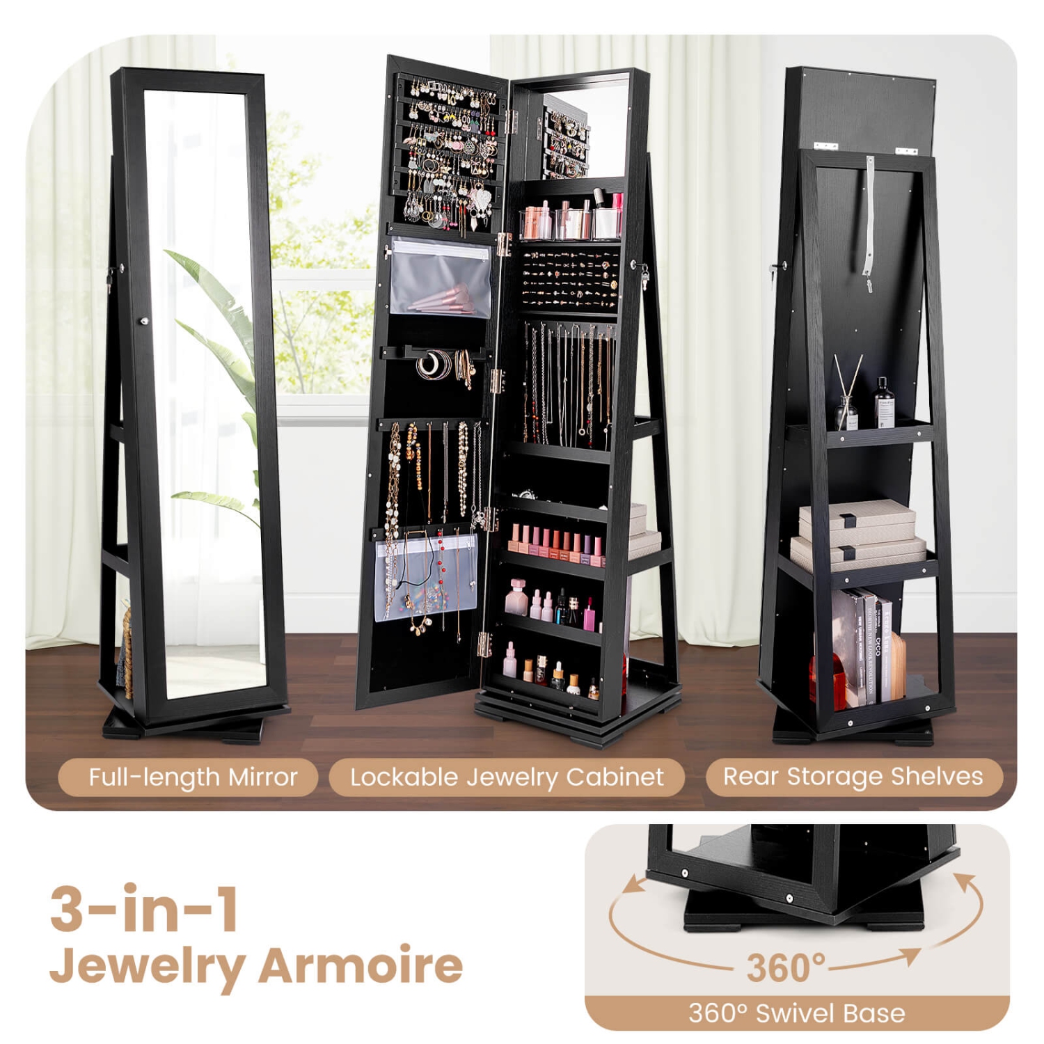 Costway 360degree Rotatable Jewelry Cabinet 2-in-1 Lockable Mirrored Organizer