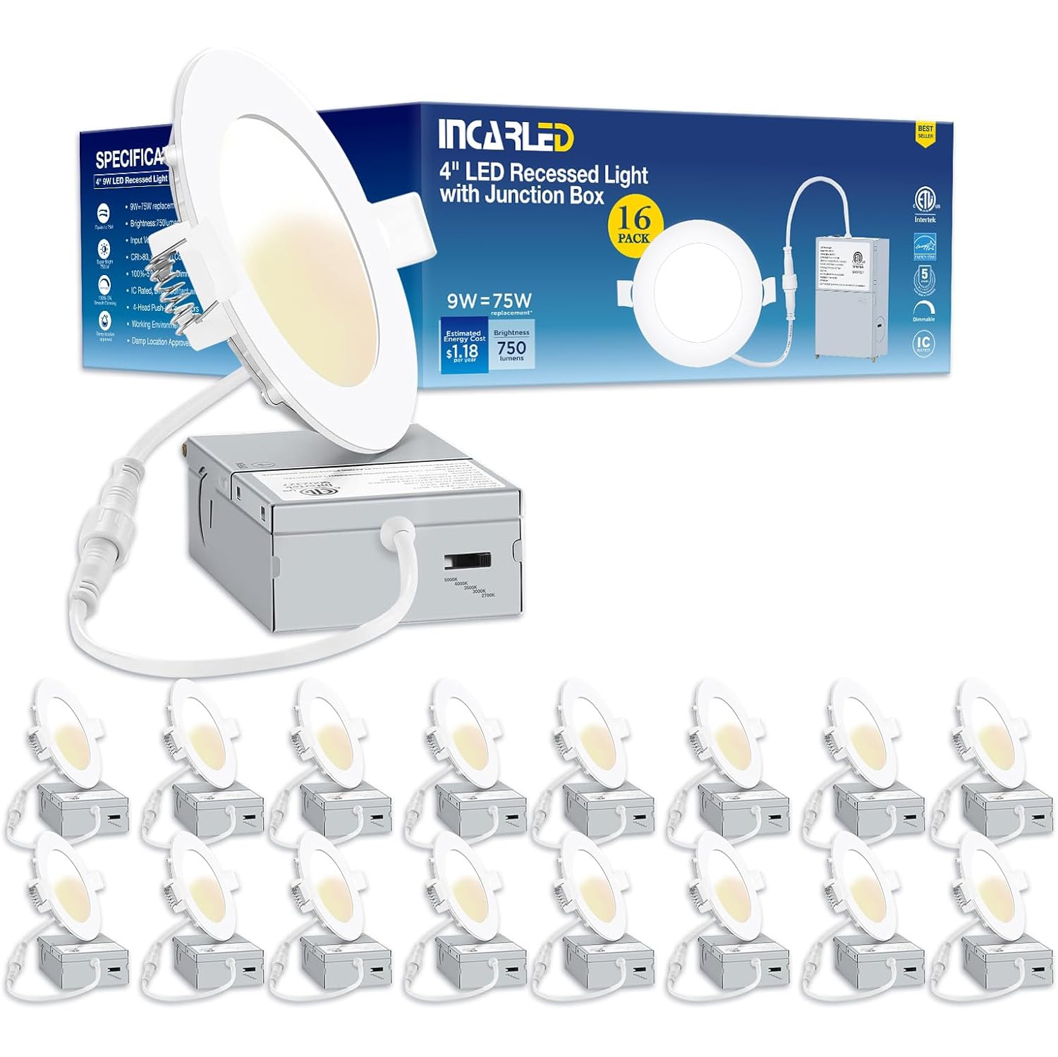 INCARLED 4Inch 5CCT LED Recessed Slim Pot Light with Junction Box, 9W 750LM Dimmable IC Rated Color Changeable Ceiling Lighting