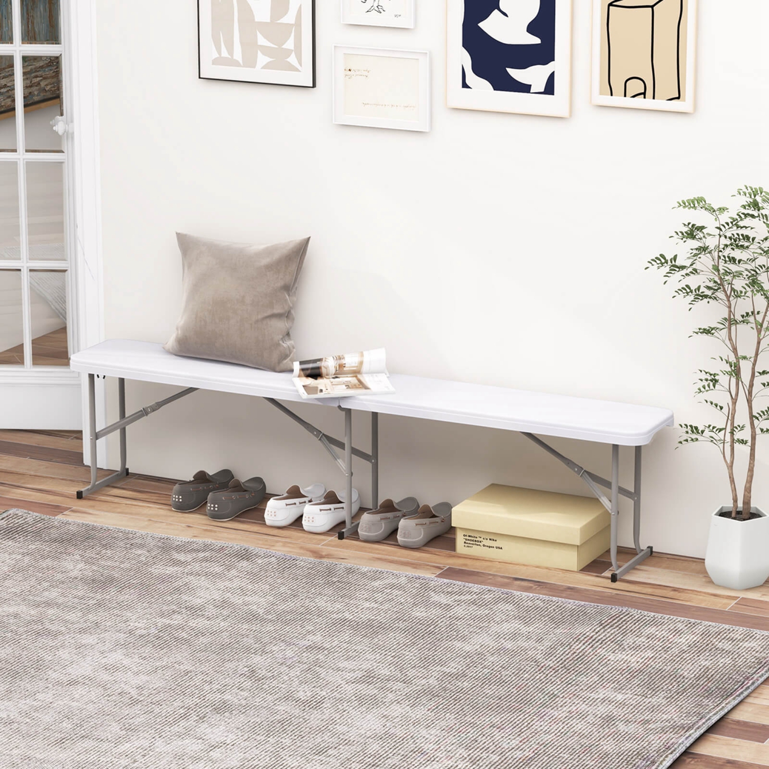 Costway 2 PCS Portable Folding Bench with Convenient Handle Non-slip Foot Pads Sturdy Metal Legs