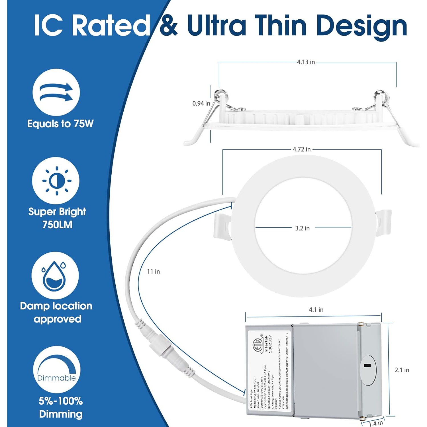 INCARLED 4Inch 5CCT LED Recessed Slim Pot Light with Junction Box, 2700K 3000K 3500K 4000K 5000K Dimmable IC Rated Ceiling Lighting 9W 750LM (6pack,