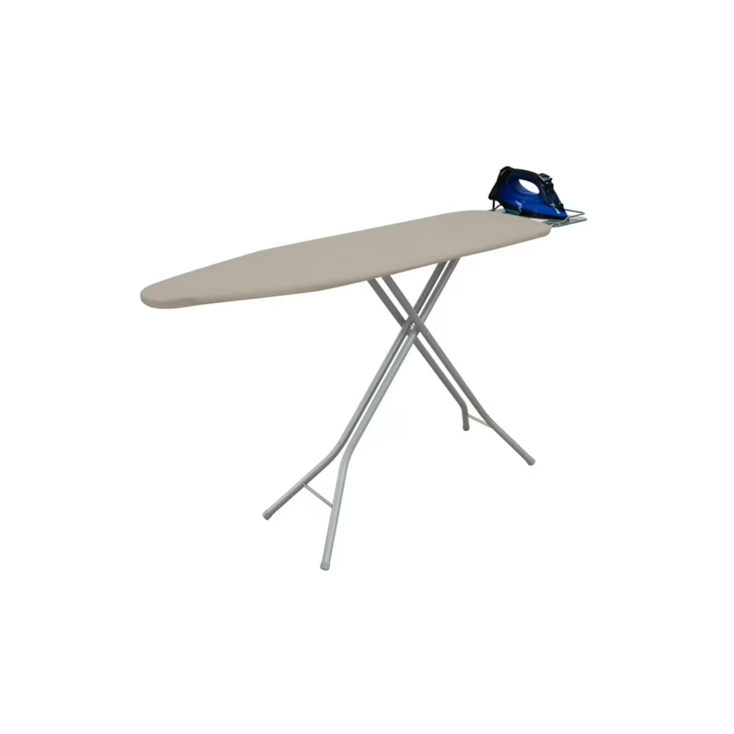 Planche à repasser ajustable à 4 pattes en mailles d'acier, dessus en filet, housse 100 % coton et coussin en mousse. Hauteur réglable jusqu'à