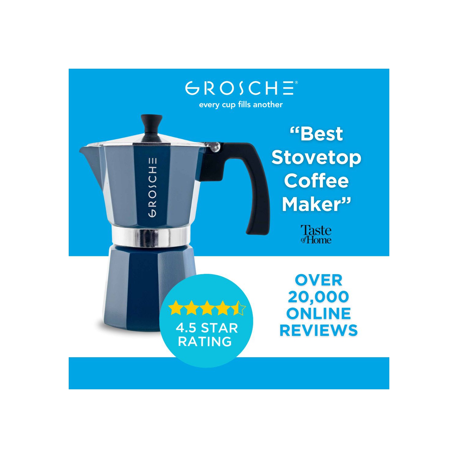 GROSCHE MILANO Stovetop Espresso Maker 9 Espresso Cups Moka Pot | Home Espresso Coffee Maker - Blue