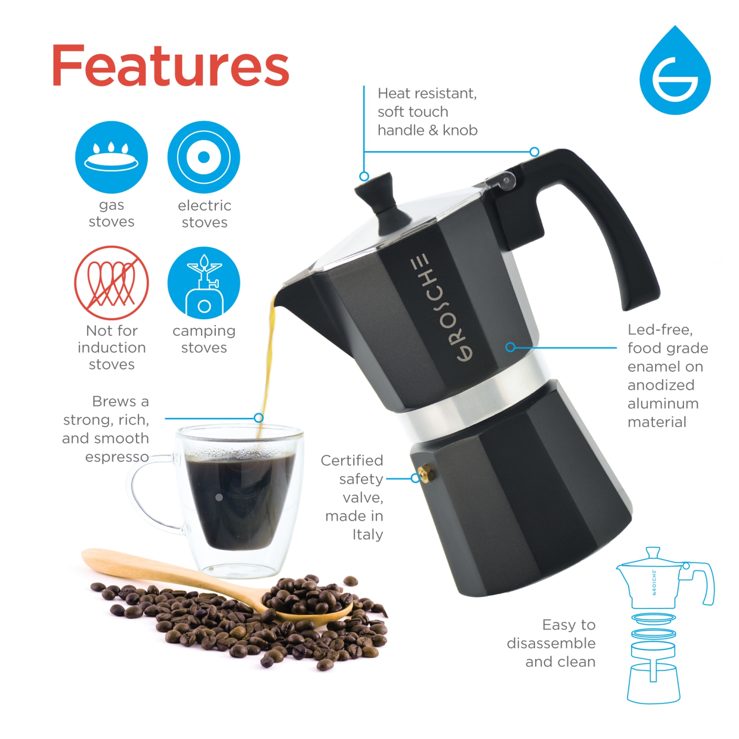 GROSCHE MILANO Stovetop Espresso Maker 12 Espresso Cups Moka Pot | Home Espresso Coffee Maker - Black