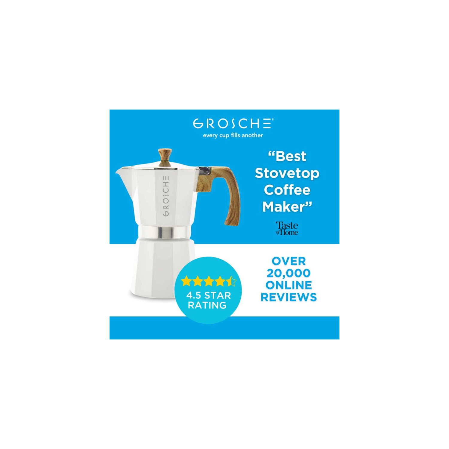 GROSCHE MILANO Stovetop Espresso Maker 6 Espresso Cups Moka Pot | Home Espresso Coffee Maker - White
