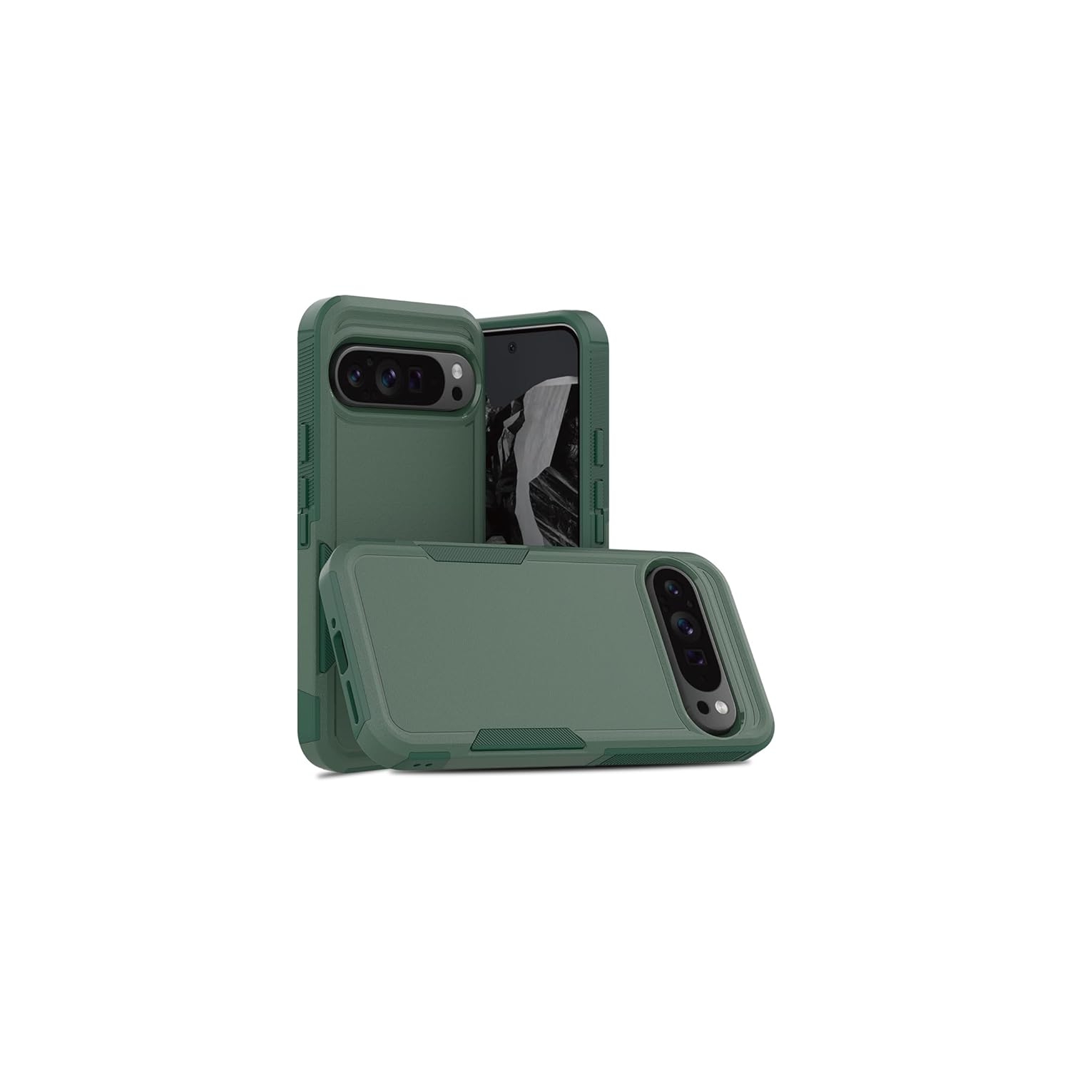 [CS] Dual Layers Heavy Duty Rubber Armor Bumper Hard Case Cover for Google Pixel 9 / 9 Pro, Midnight Green