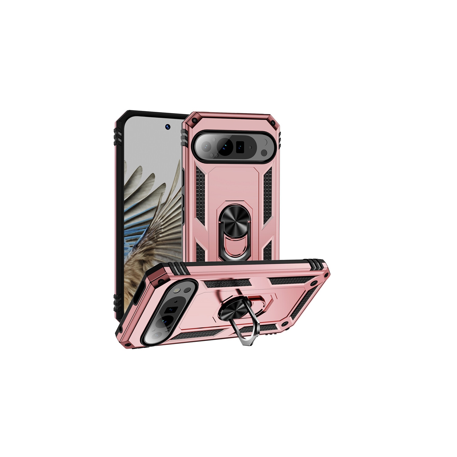 [CS] Anti-Drop Hybrid Magnetic Hard Armor Case with Ring Holder for Google Pixel 9 Pro XL, Rose Gold
