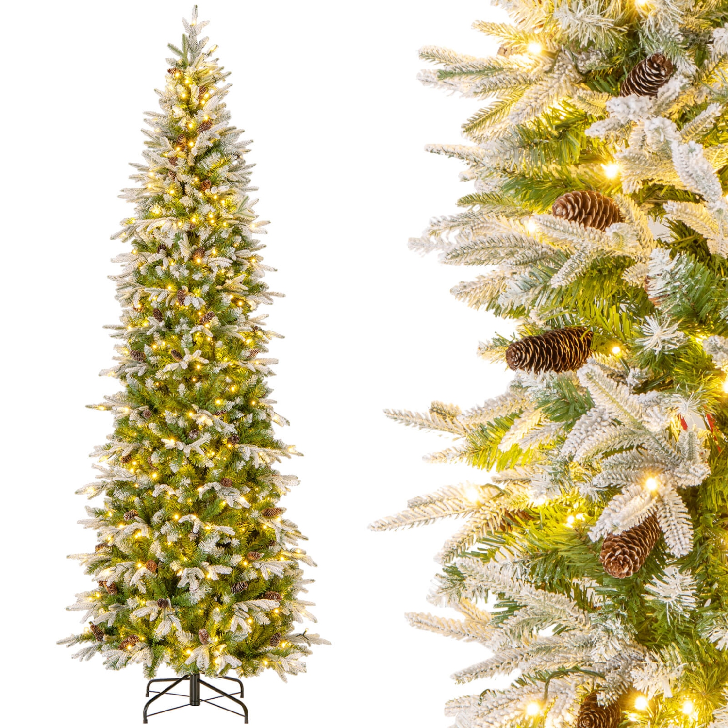 Costway 9 FT Flocked Christmas Tree with 1310 PE PVC Branch Tips 470 Warm White LED Lights