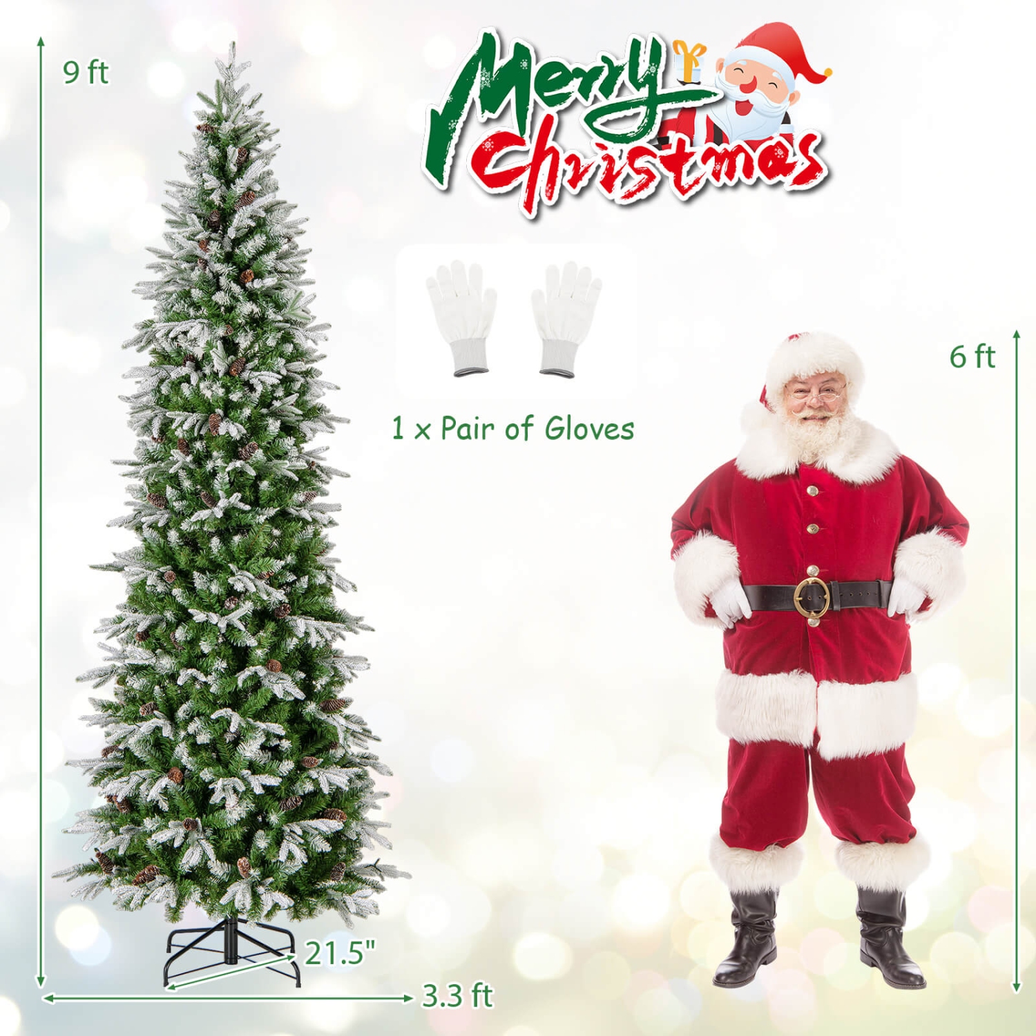 Costway 9 FT Flocked Christmas Tree with 1310 PE PVC Branch Tips 470 Warm White LED Lights