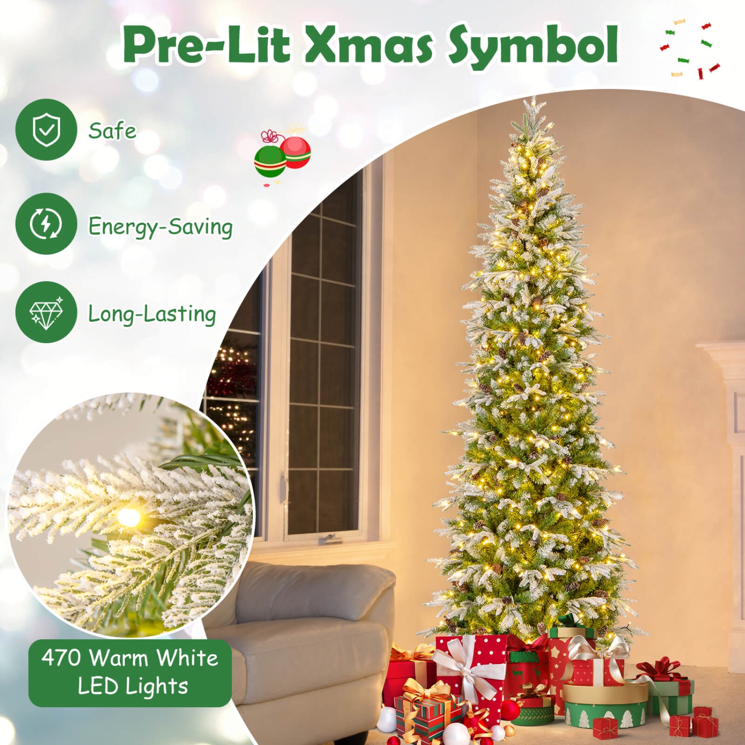 Costway 9 FT Flocked Christmas Tree with 1310 PE PVC Branch Tips 470 Warm White LED Lights