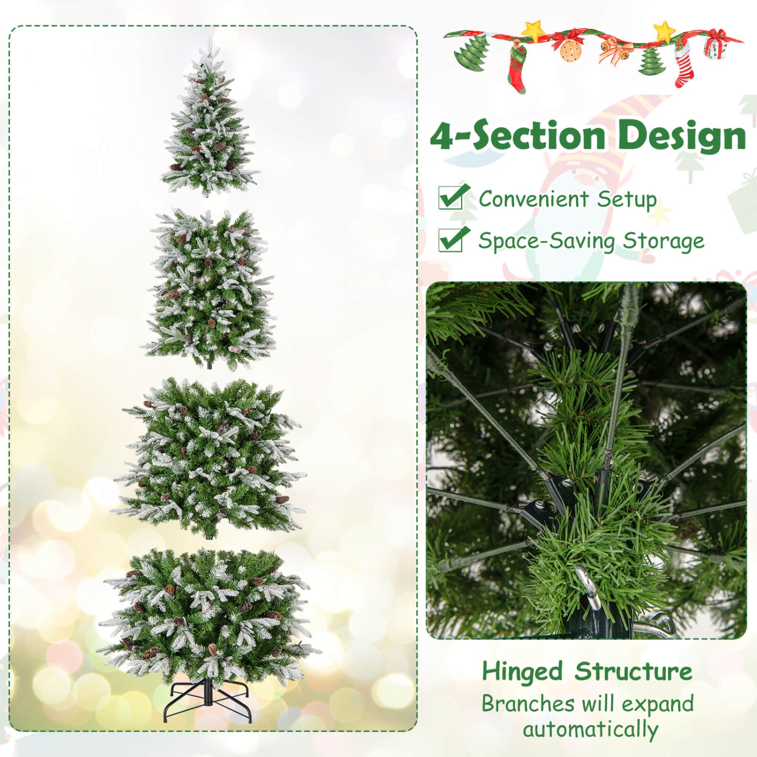 Costway 9 FT Flocked Christmas Tree with 1310 PE PVC Branch Tips 470 Warm White LED Lights