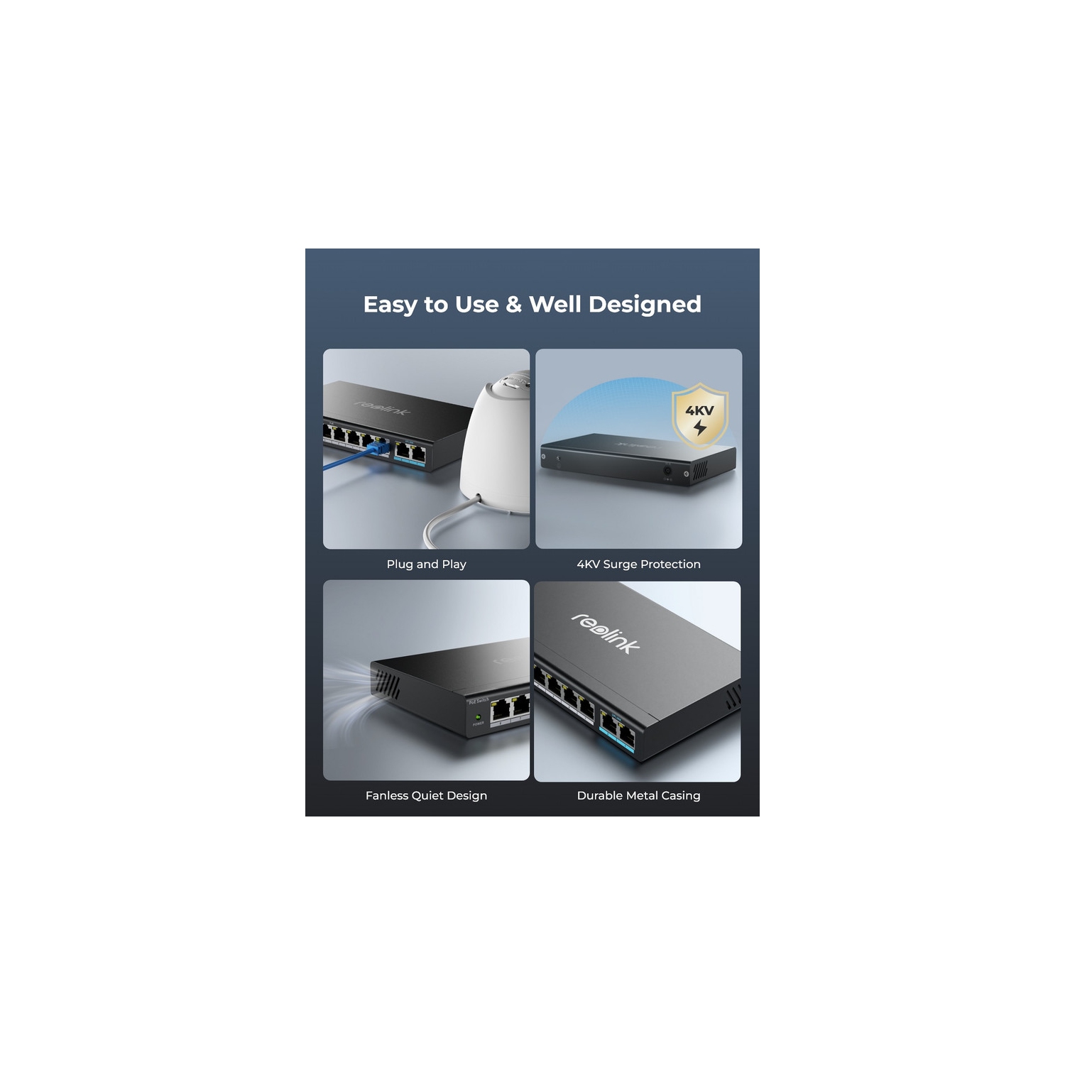 Reolink PoE Switch with 8 PoE Ports and 2 Gigabit Uplink Ports, 120W Power Budget, RLA-PS1