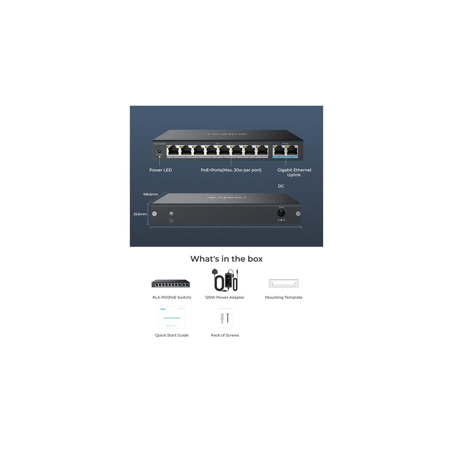 Reolink PoE Switch with 8 PoE Ports and 2 Gigabit Uplink Ports, 120W Power Budget, RLA-PS1