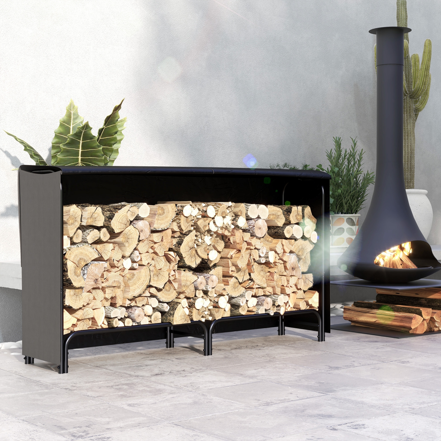 Support extérieur en bois de feu Outsunny 6&nbsp;pi avec couvercle, support de rangement en bois d'acier robuste réglable, support à bûches