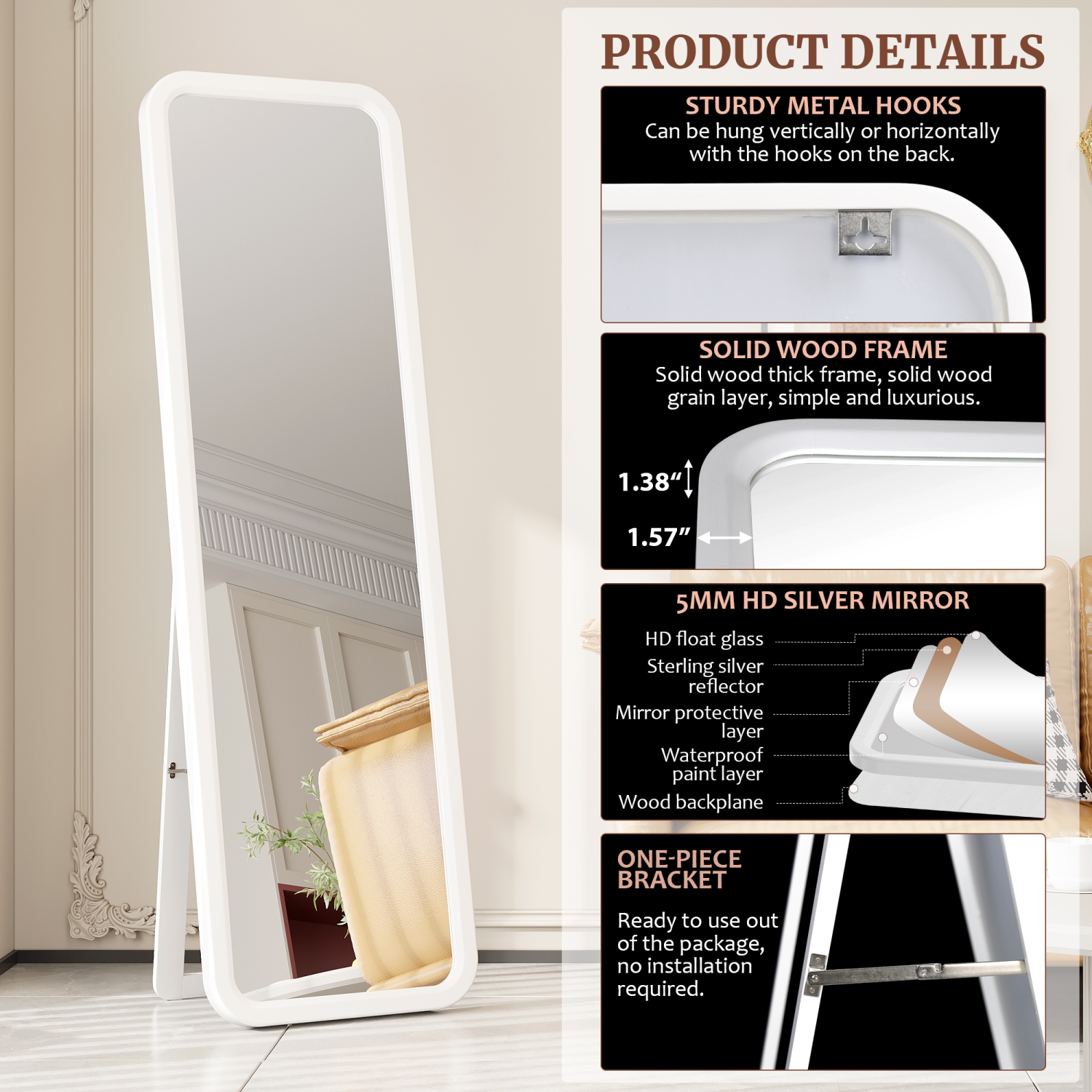 Miroir pleine longueur en bois massif Vlsrka, miroir pleine grandeur en bois, grand miroir au sol, miroir vertical ou mural - Blanc