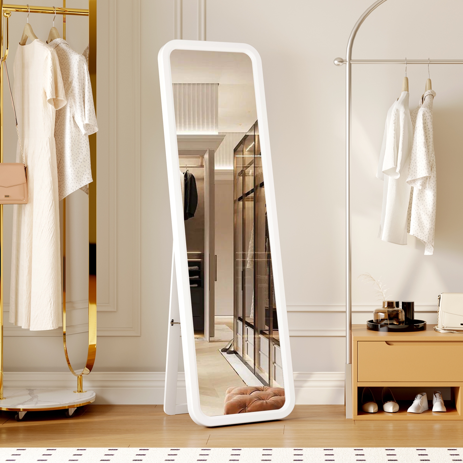 Miroir pleine longueur en bois massif Vlsrka, miroir pleine grandeur en bois, grand miroir au sol, miroir vertical ou mural - Blanc