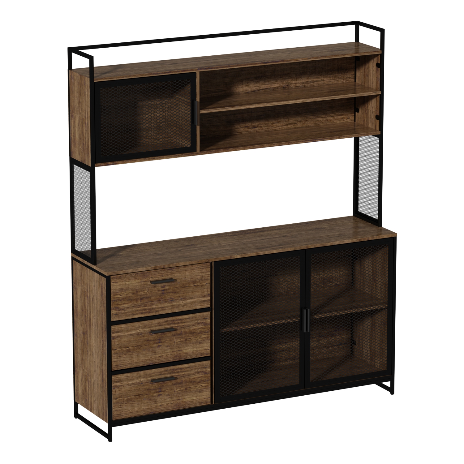 Famapy Kitchen Buffet Cabinet with Mesh Doors, Open Shelves, and Drawer Storage Dark Brown