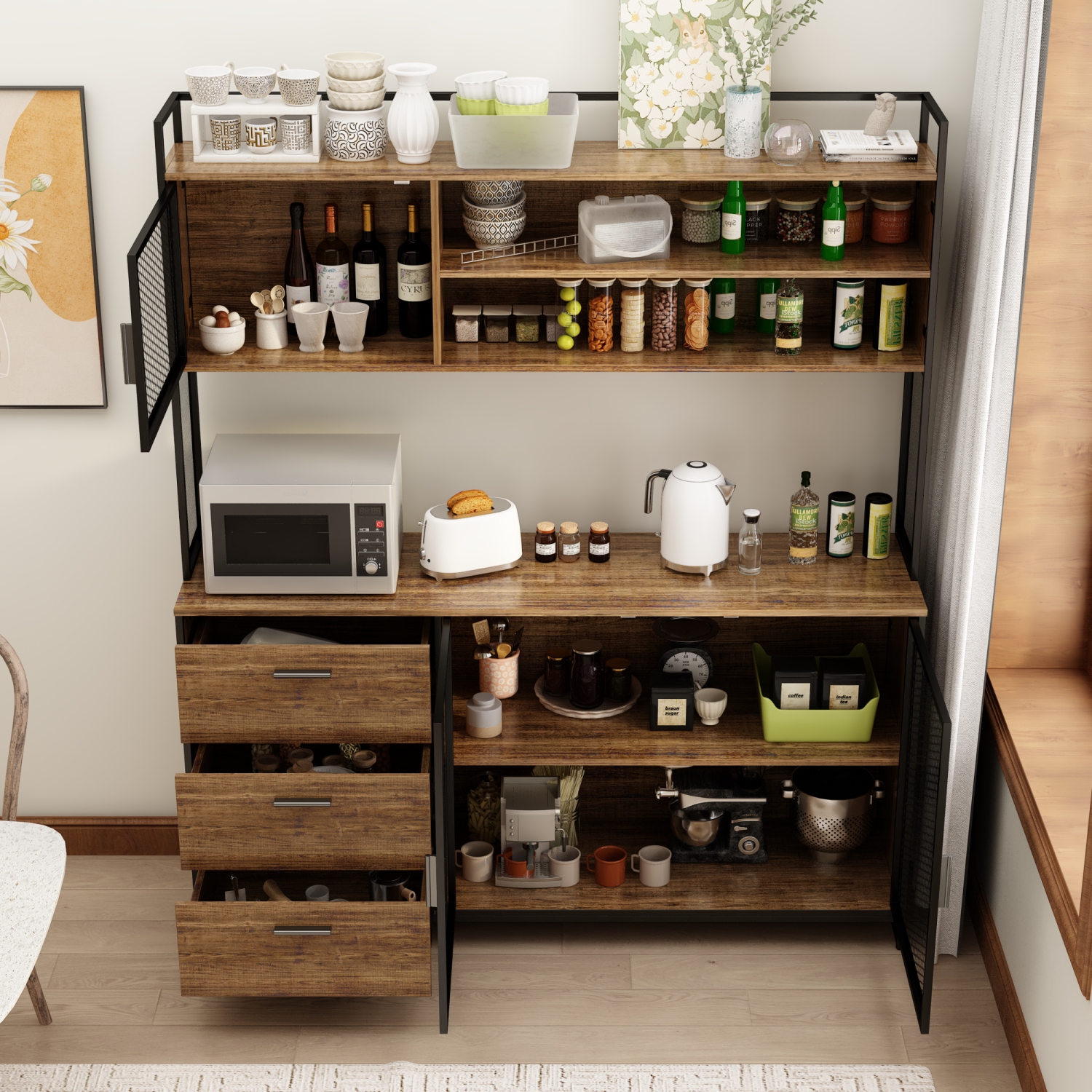 Famapy Kitchen Buffet Cabinet with Mesh Doors, Open Shelves, and Drawer Storage Dark Brown