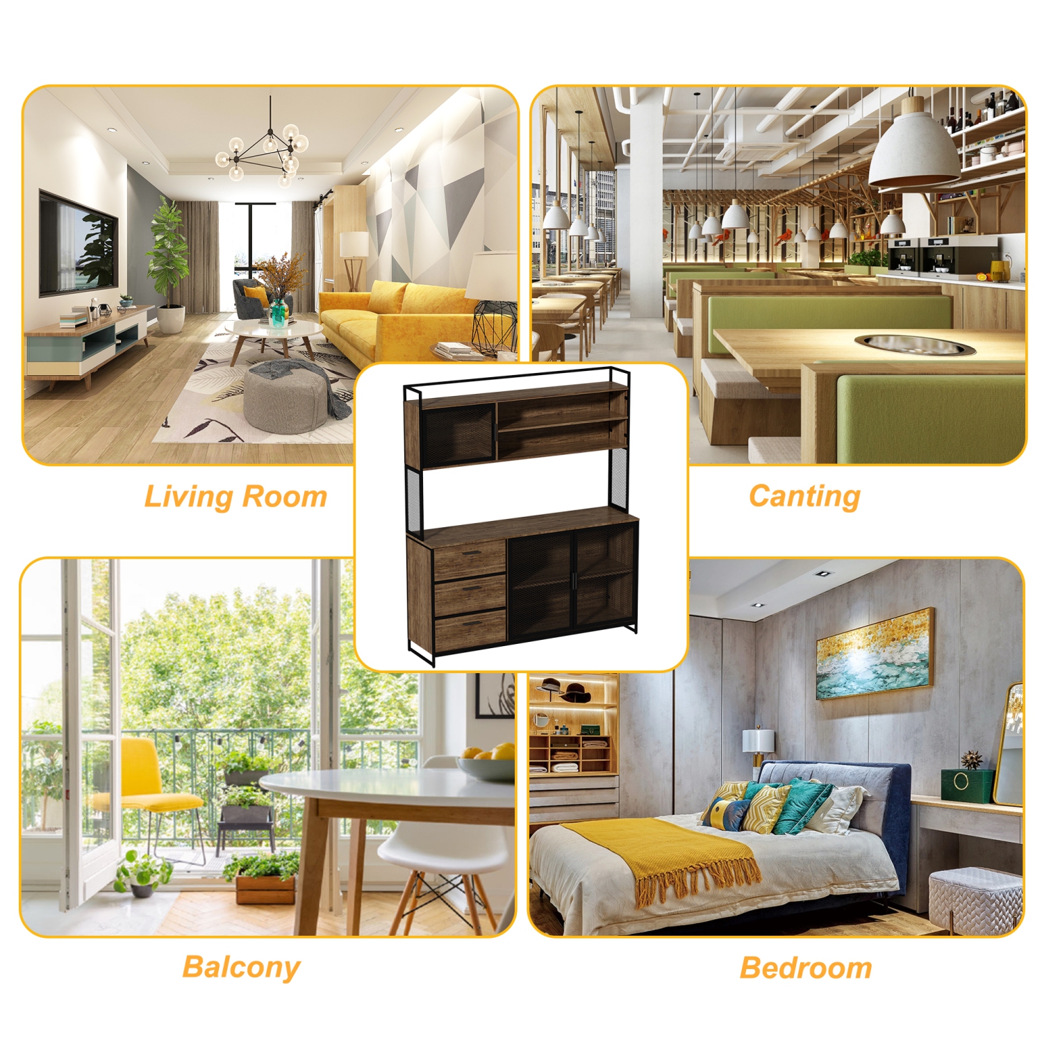 Famapy Kitchen Buffet Cabinet with Mesh Doors, Open Shelves, and Drawer Storage Dark Brown