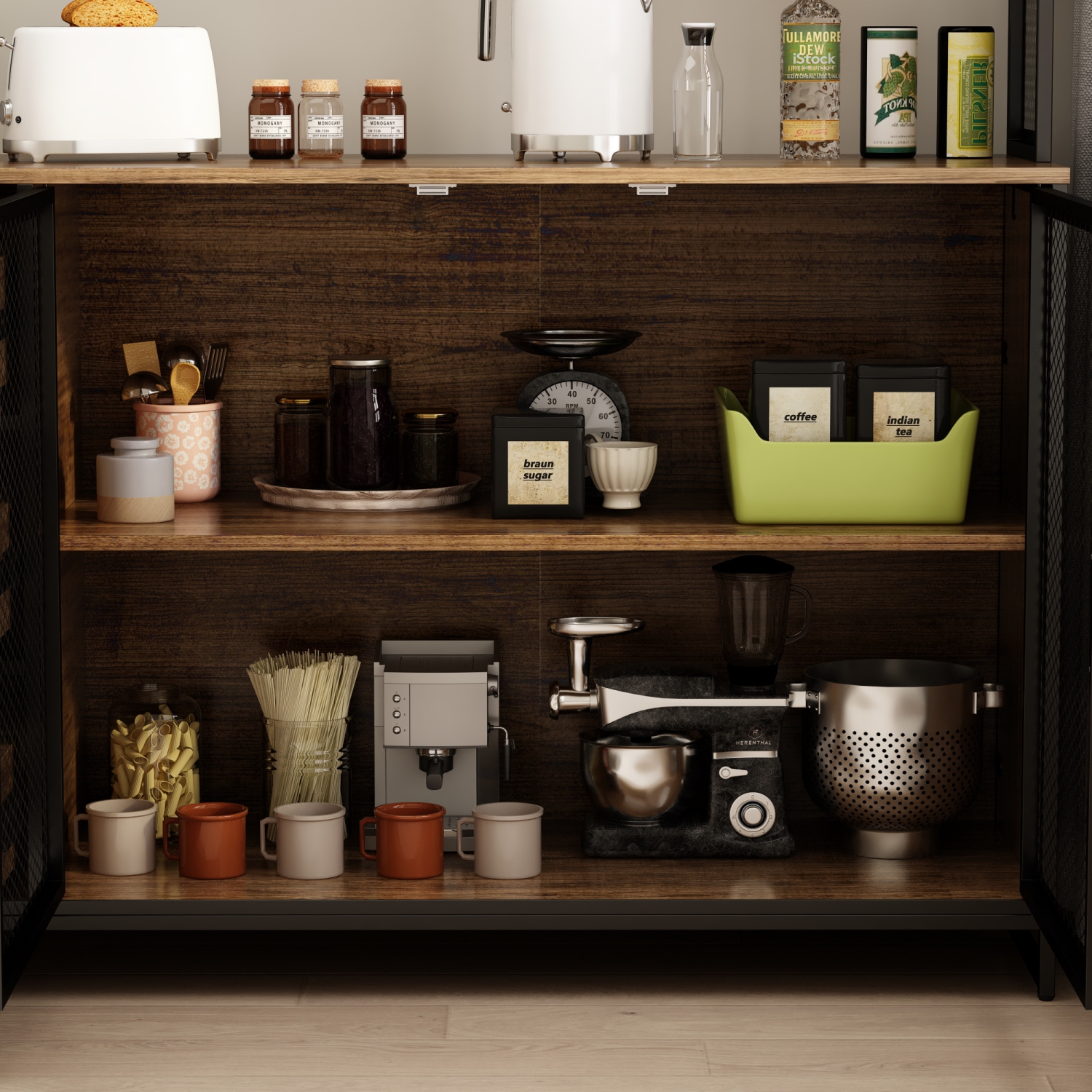 Famapy Kitchen Buffet Cabinet with Mesh Doors, Open Shelves, and Drawer Storage Dark Brown