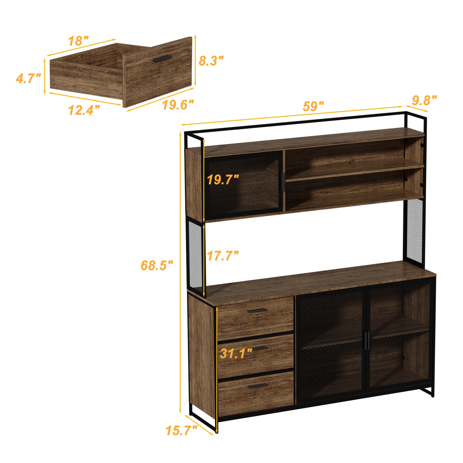 Famapy Kitchen Buffet Cabinet with Mesh Doors, Open Shelves, and Drawer Storage Dark Brown