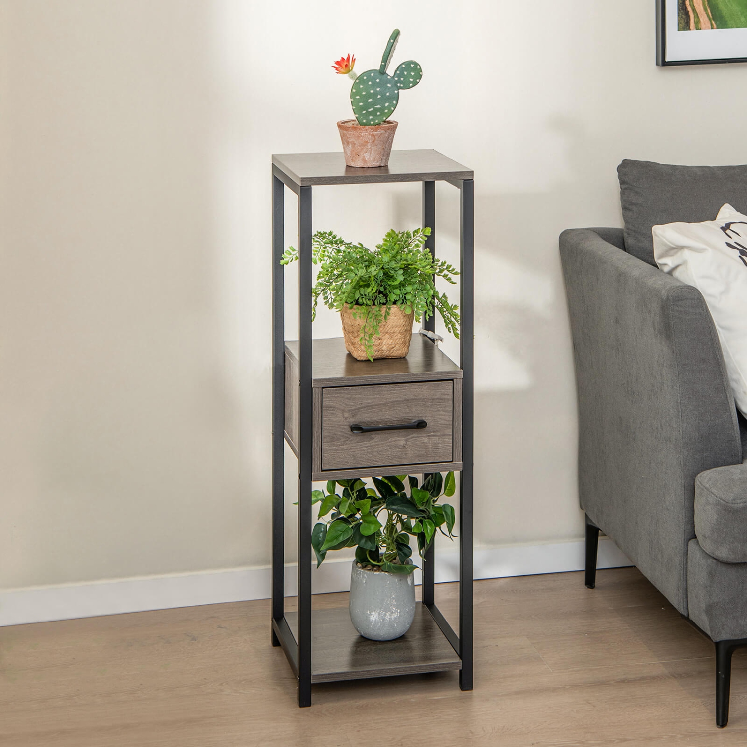 Costway 1 Pack 3 Tier Tall Metal Plant Stand Indoor Plant Table with Drawer Anti-tipping Devices