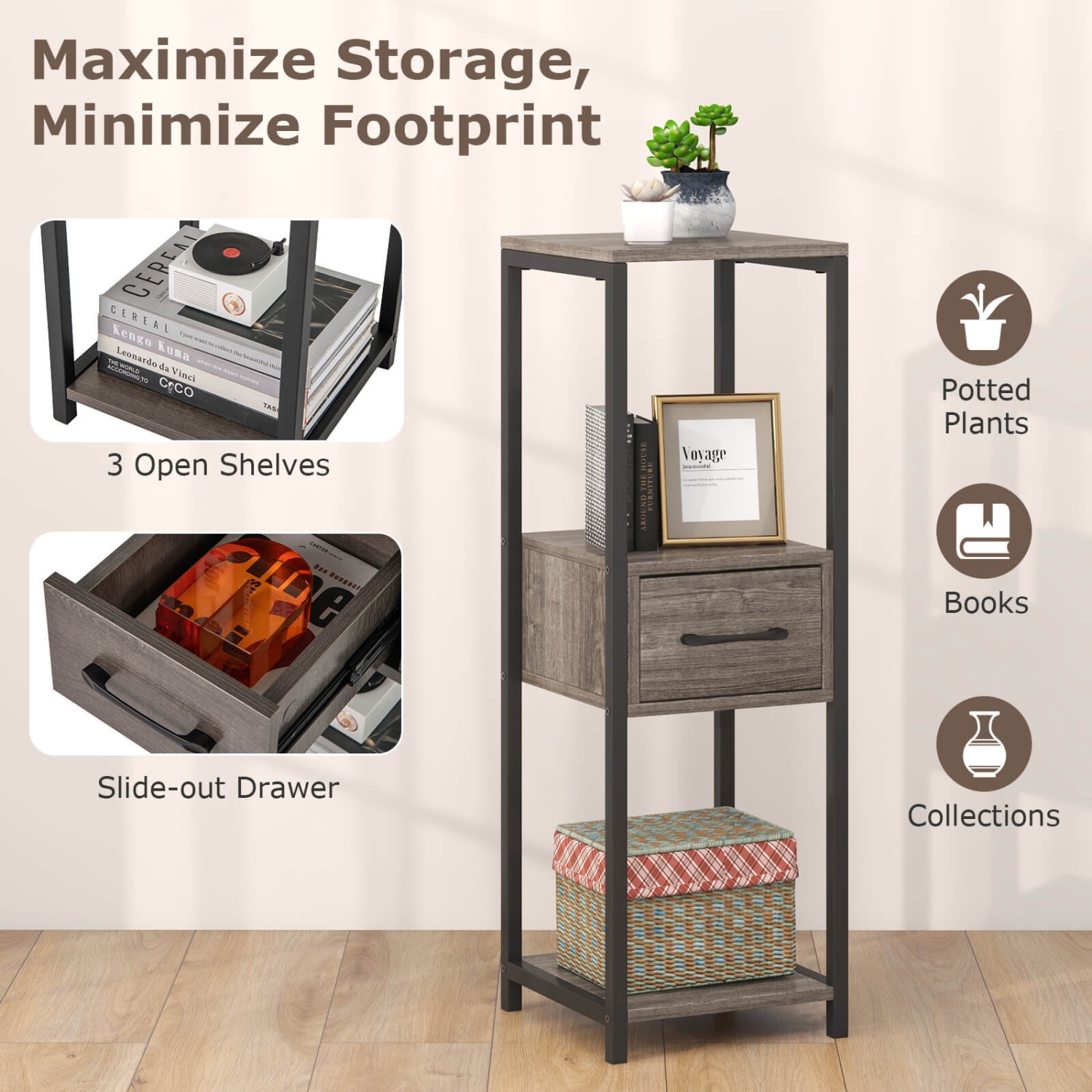 Costway 1 Pack 3 Tier Tall Metal Plant Stand Indoor Plant Table with Drawer Anti-tipping Devices