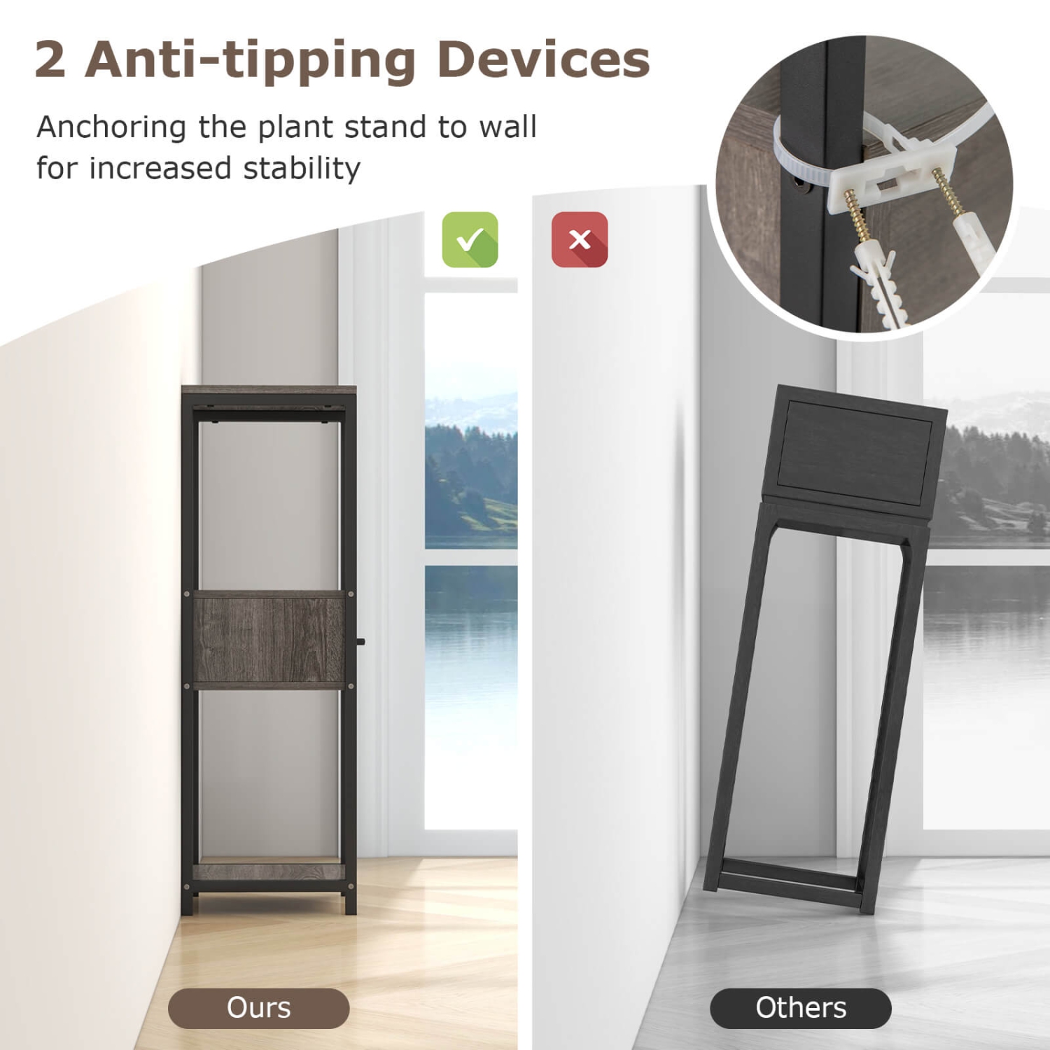 Costway 1 Pack 3 Tier Tall Metal Plant Stand Indoor Plant Table with Drawer Anti-tipping Devices