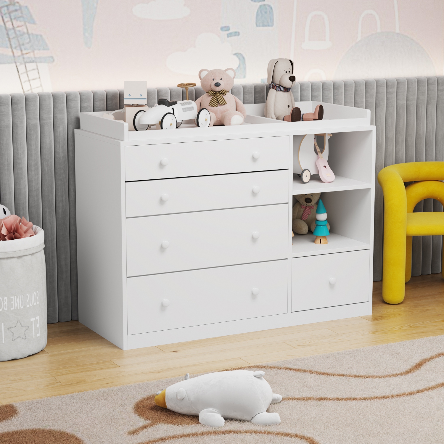 Commode à 5 tiroirs avec tablettes ouvertes Famapy, rangement spacieux pour chambre à coucher ou chambre de bébé, blanc