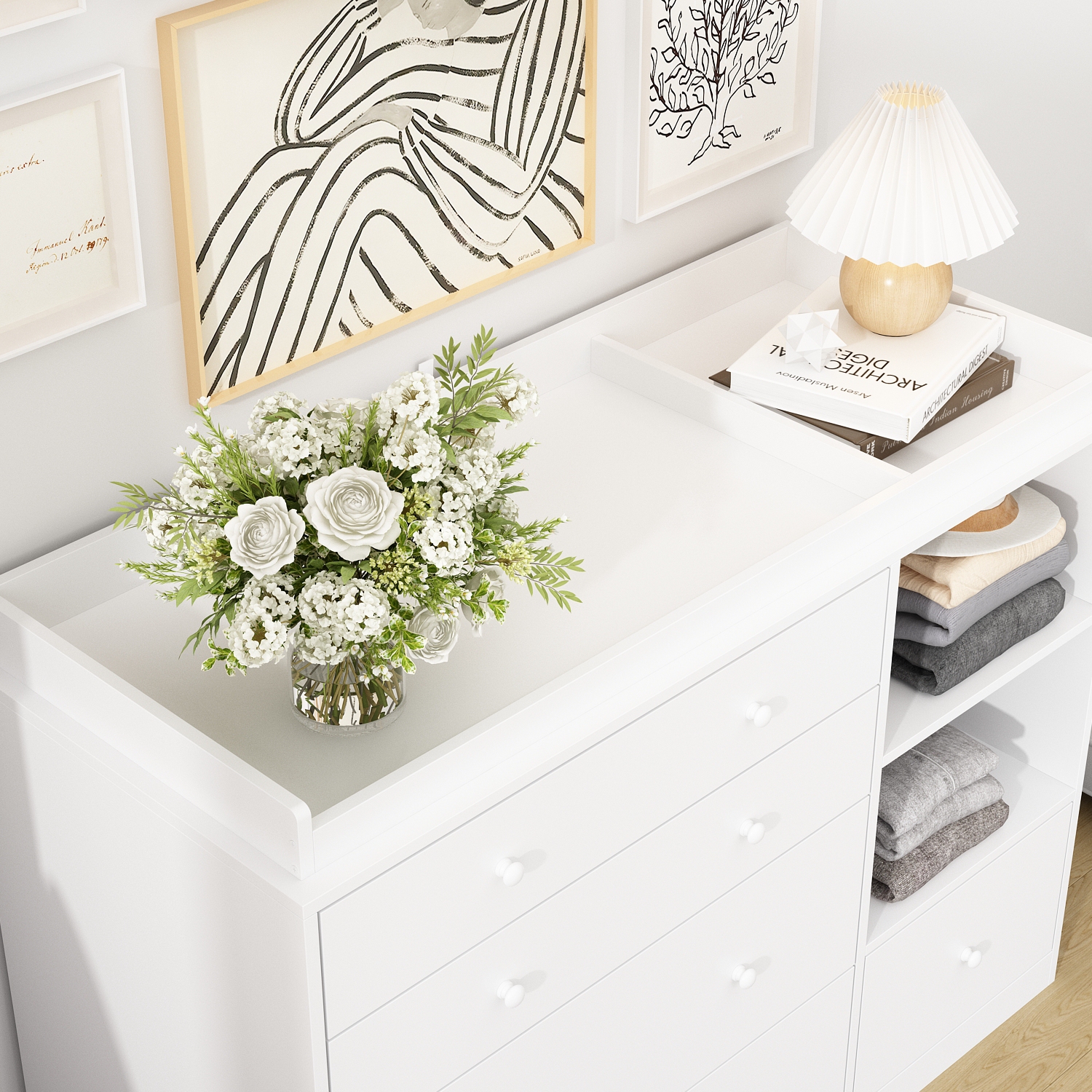 Commode à 5 tiroirs avec tablettes ouvertes Famapy, rangement spacieux pour chambre à coucher ou chambre de bébé, blanc