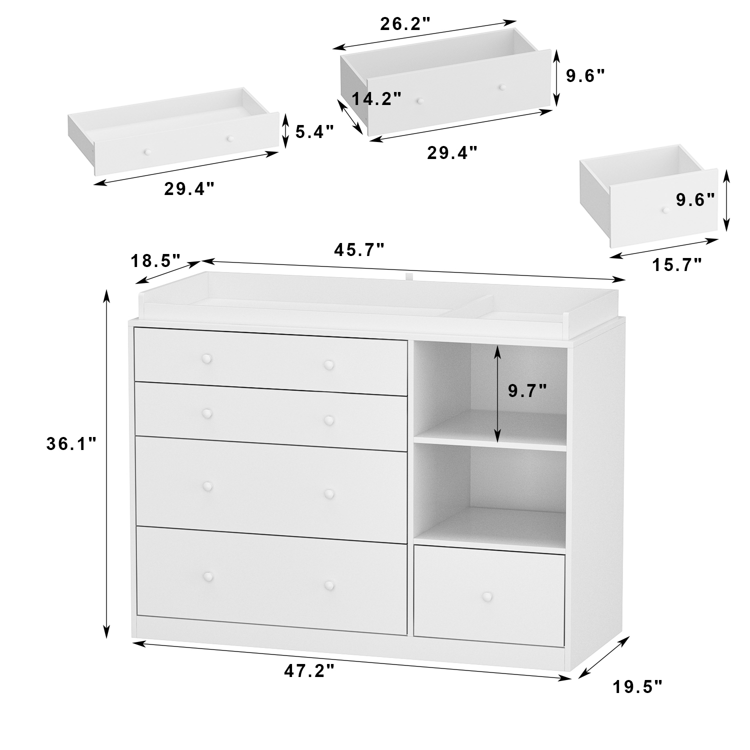 Commode à 5 tiroirs avec tablettes ouvertes Famapy, rangement spacieux pour chambre à coucher ou chambre de bébé, blanc