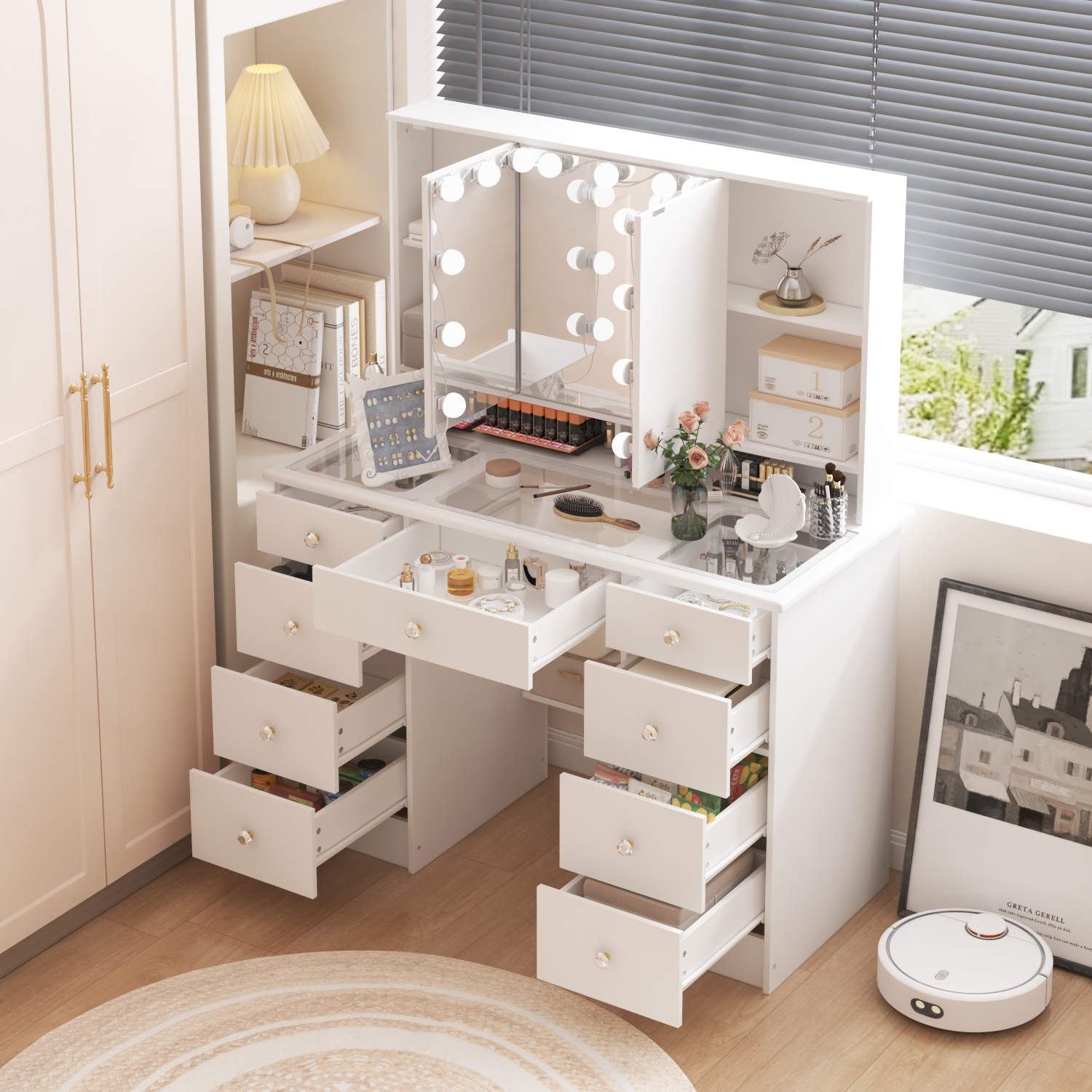 Famapy Vanity Desk Set Makeup Table with Large Three-color Illuminated Mirror, Dressing Table with 9 Drawers, Storage Shelves for Bedroom(43.3" W x