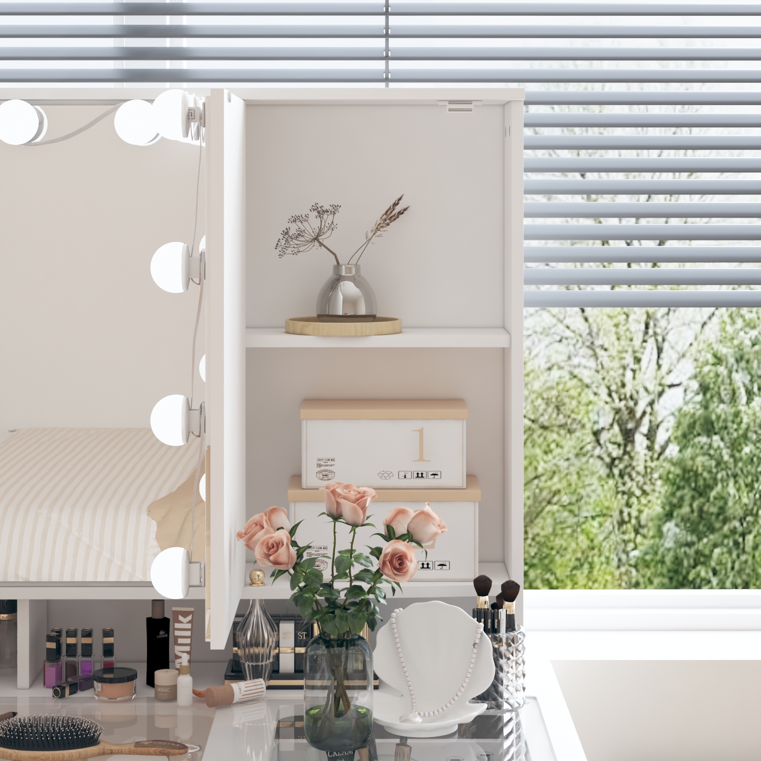 Famapy Vanity Desk Set Makeup Table with Large Three-color Illuminated Mirror, Dressing Table with 9 Drawers, Storage Shelves for Bedroom(43.3" W x