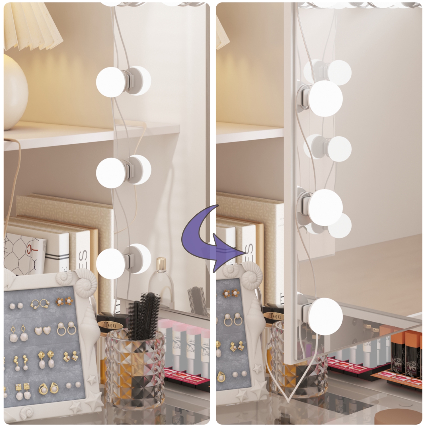 Famapy Vanity Desk Set Makeup Table with Large Three-color Illuminated Mirror, Dressing Table with 9 Drawers, Storage Shelves for Bedroom(43.3" W x