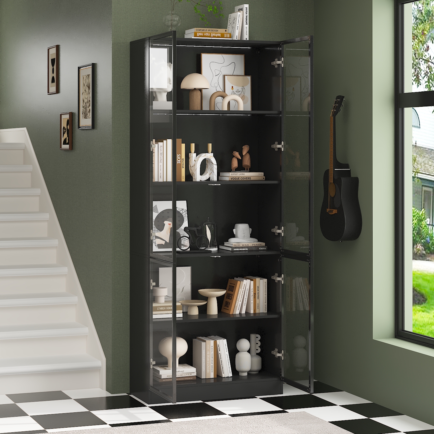 Famapy Modern Display Cabinet with Glass Doors, Adjustable Shelves, and LED Lighting Black