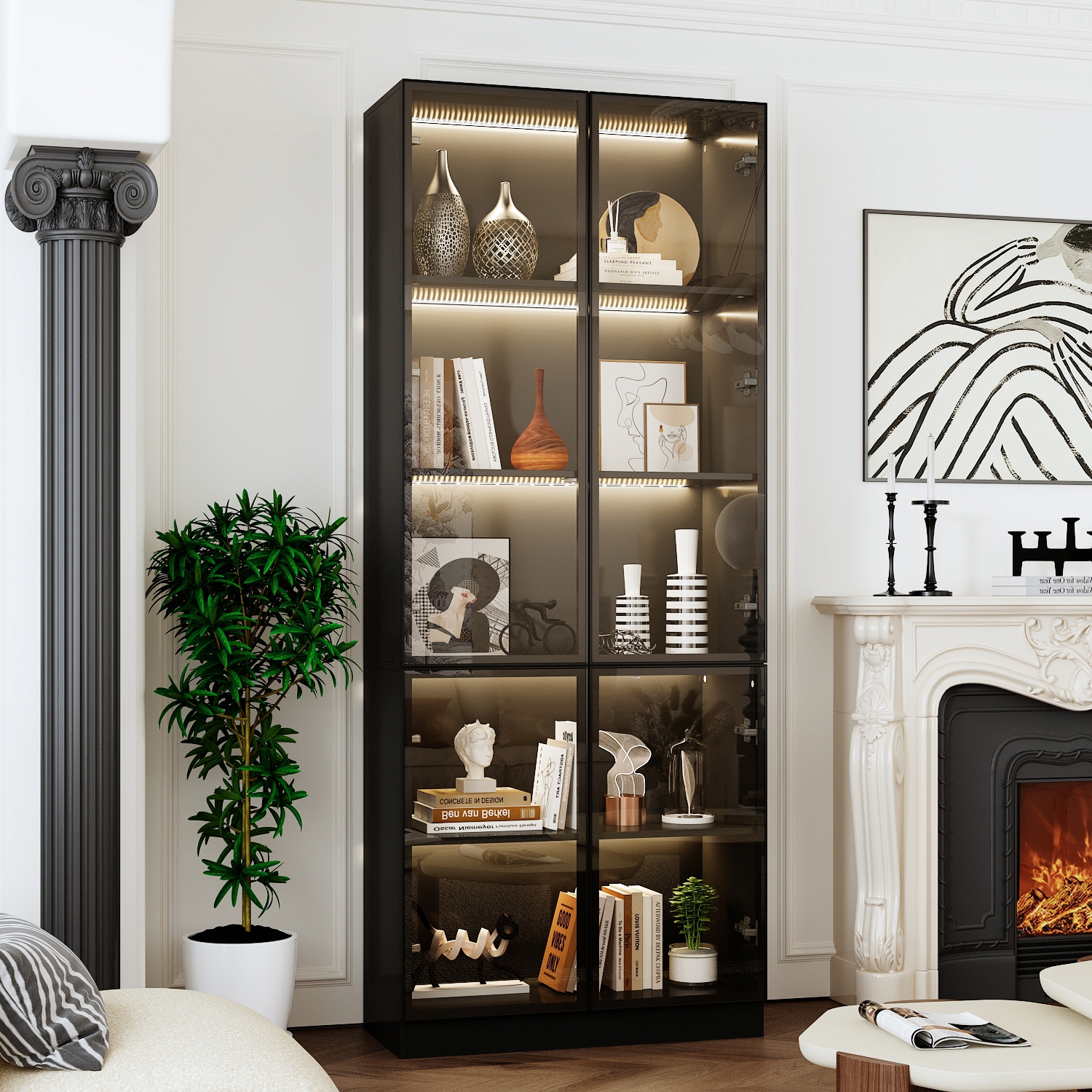 Famapy Modern Display Cabinet with Glass Doors, Adjustable Shelves, and LED Lighting Black