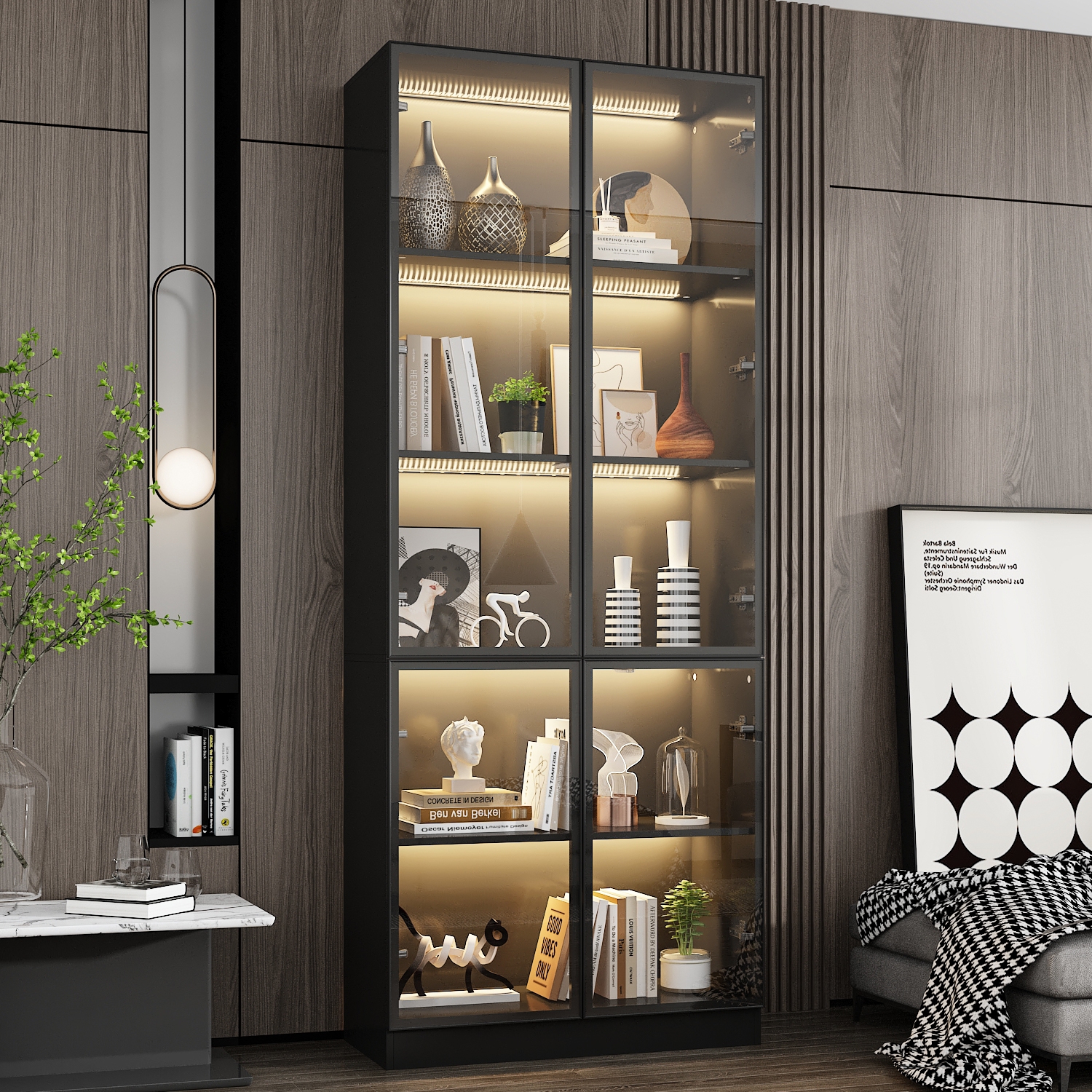 Famapy Modern Display Cabinet with Glass Doors, Adjustable Shelves, and LED Lighting Black